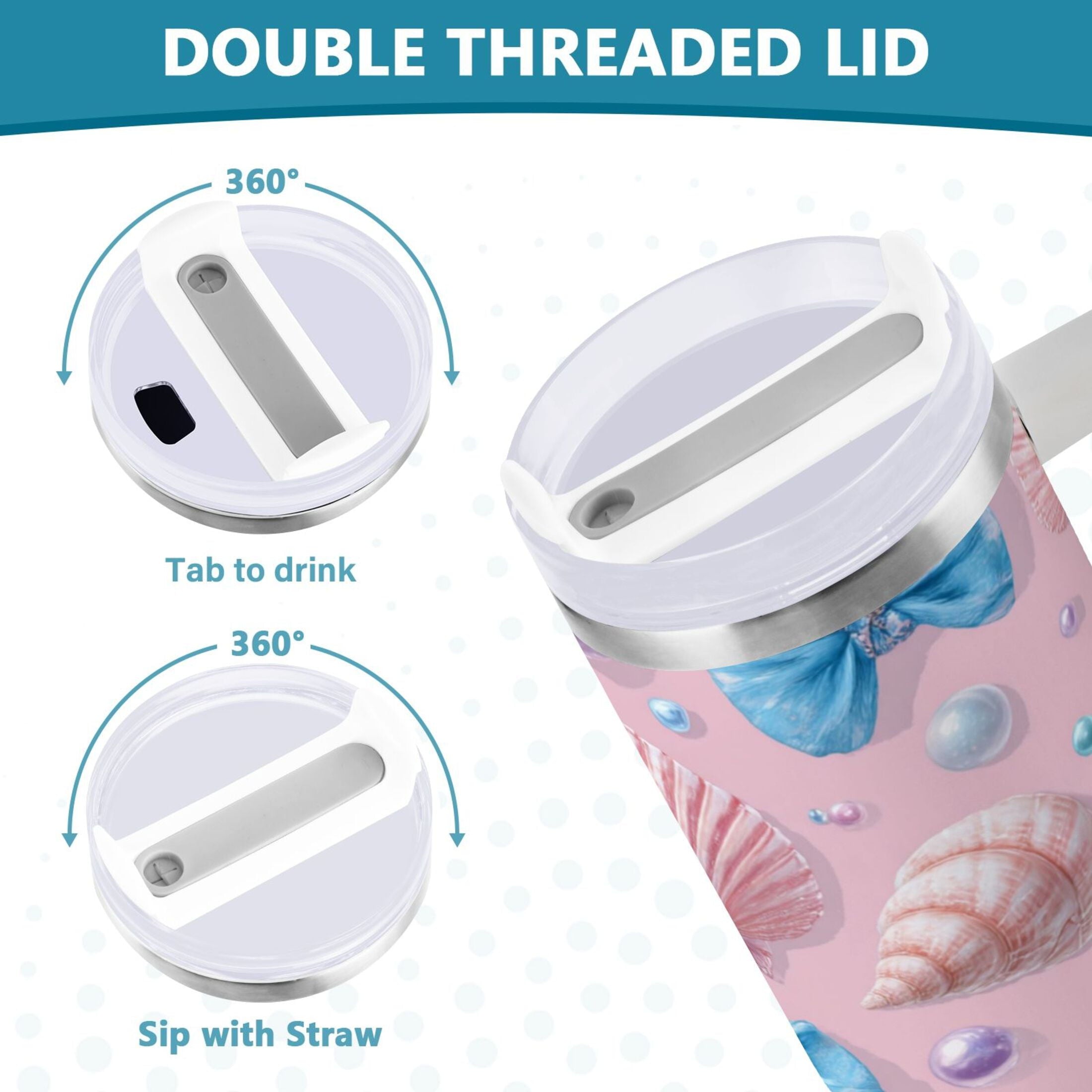 30 oz Insulated Stainless Steel Tumbler Double Wall Stainless Steel Tumbler with 2-Way Drinking Seashells and Bows - Choice 574