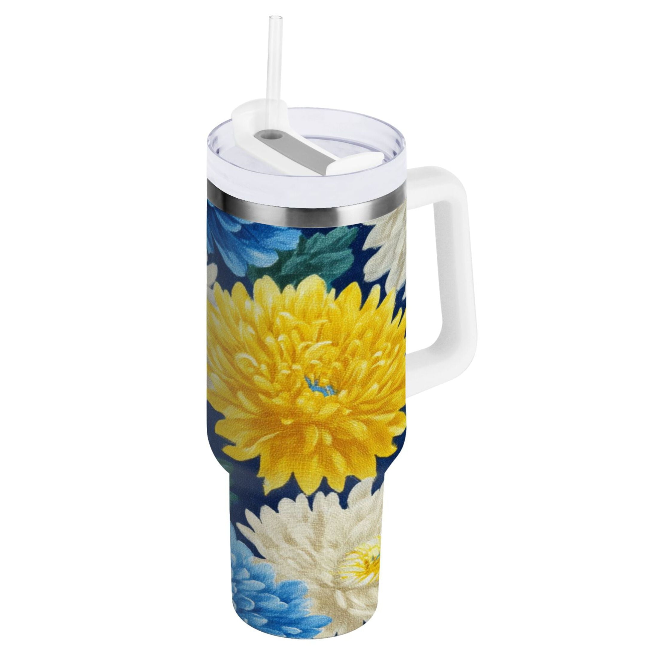 30 oz Insulated Stainless Steel Tumbler Double Wall Stainless Steel Tumbler with 2-Way Drinking Yellow and White Chrysanthemum - Choice 923