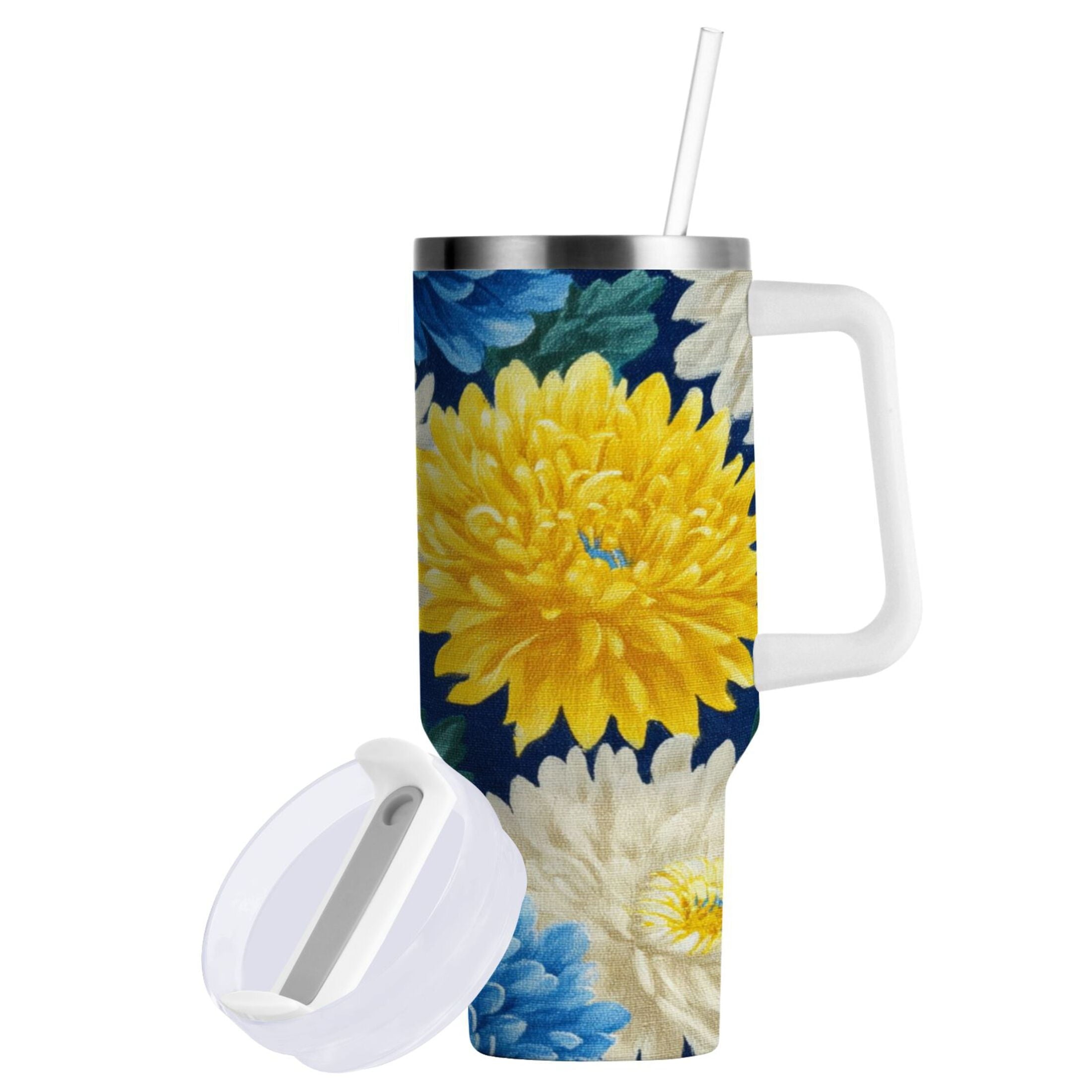 30 oz Insulated Stainless Steel Tumbler Double Wall Stainless Steel Tumbler with 2-Way Drinking Yellow and White Chrysanthemum - Choice 923