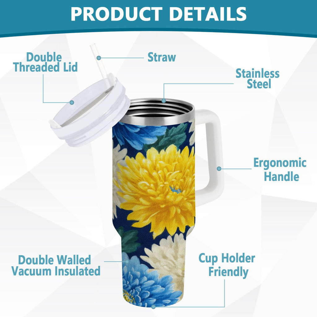 30 oz Insulated Stainless Steel Tumbler Double Wall Stainless Steel Tumbler with 2-Way Drinking Yellow and White Chrysanthemum - Choice 923