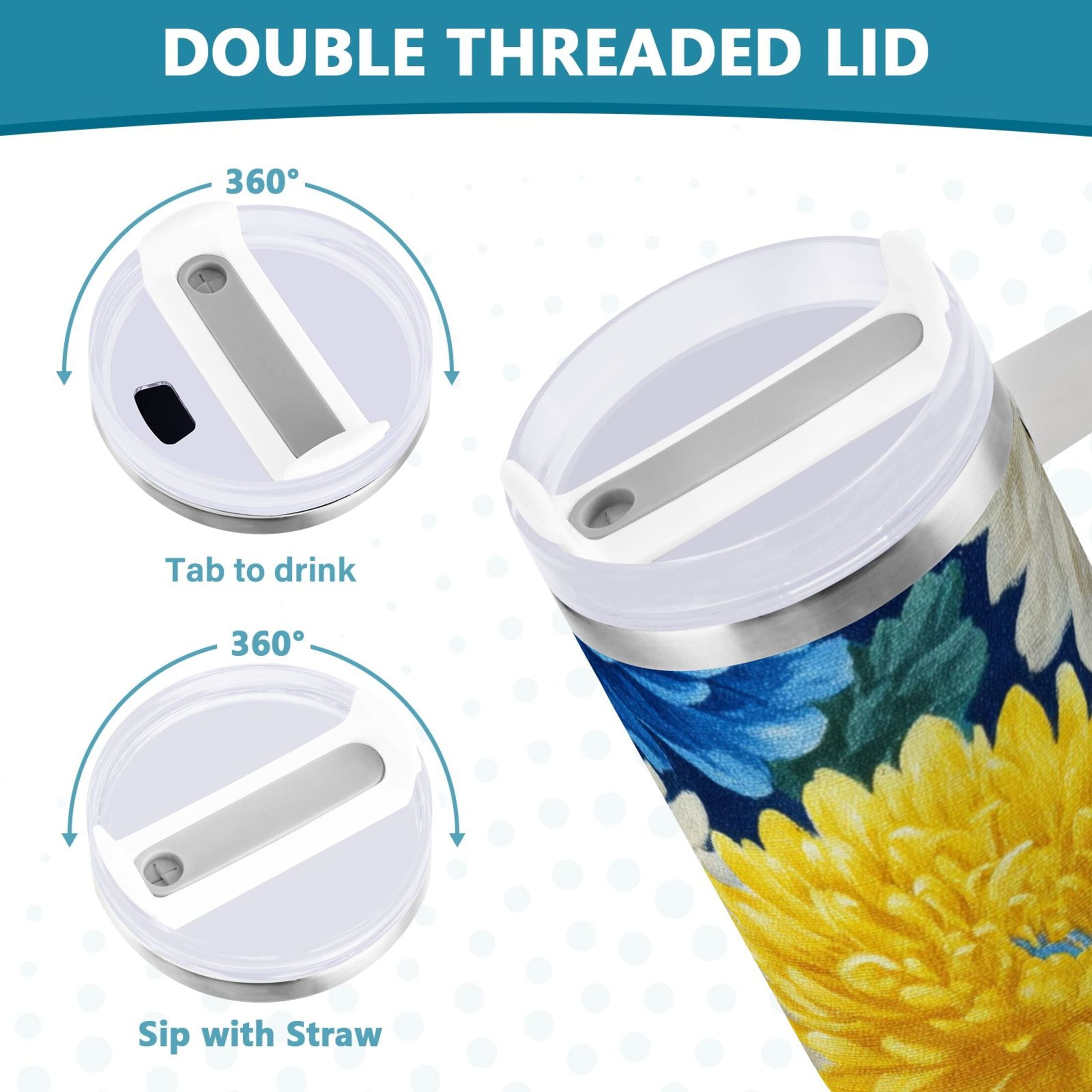 30 oz Insulated Stainless Steel Tumbler Double Wall Stainless Steel Tumbler with 2-Way Drinking Yellow and White Chrysanthemum - Choice 923