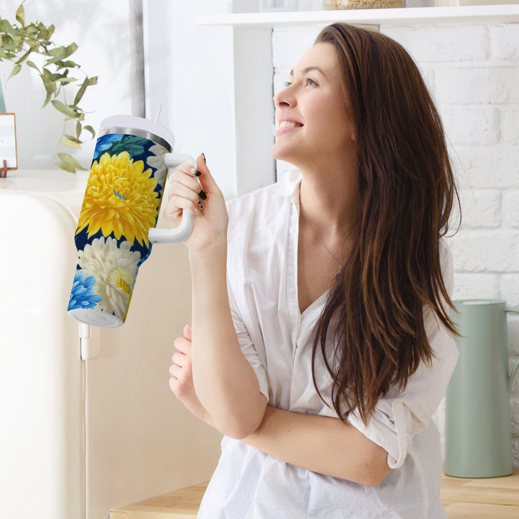 30 oz Insulated Stainless Steel Tumbler Double Wall Stainless Steel Tumbler with 2-Way Drinking Yellow and White Chrysanthemum - Choice 923