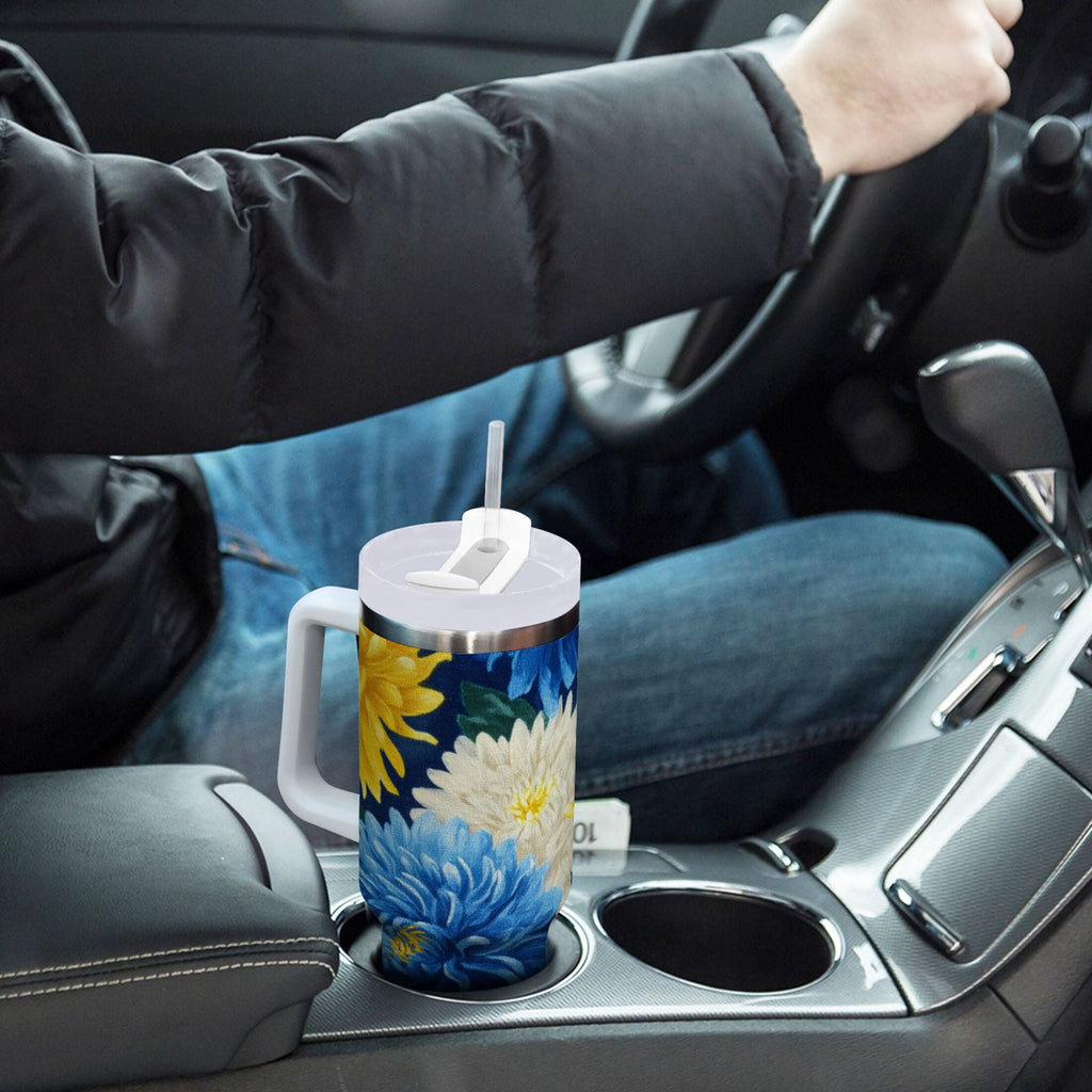 30 oz Insulated Stainless Steel Tumbler Double Wall Stainless Steel Tumbler with 2-Way Drinking Yellow and White Chrysanthemum - Choice 923