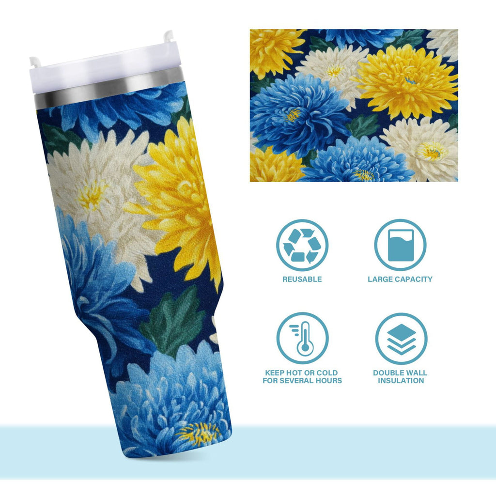 30 oz Insulated Stainless Steel Tumbler Double Wall Stainless Steel Tumbler with 2-Way Drinking Yellow and White Chrysanthemum - Choice 923
