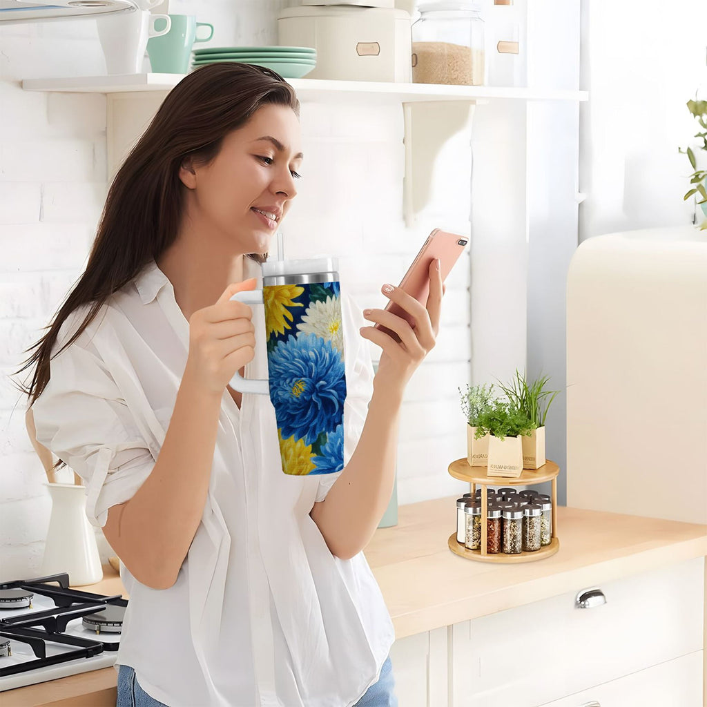 30 oz Insulated Stainless Steel Tumbler Double Wall Stainless Steel Tumbler with 2-Way Drinking Yellow and White Chrysanthemum - Choice 923