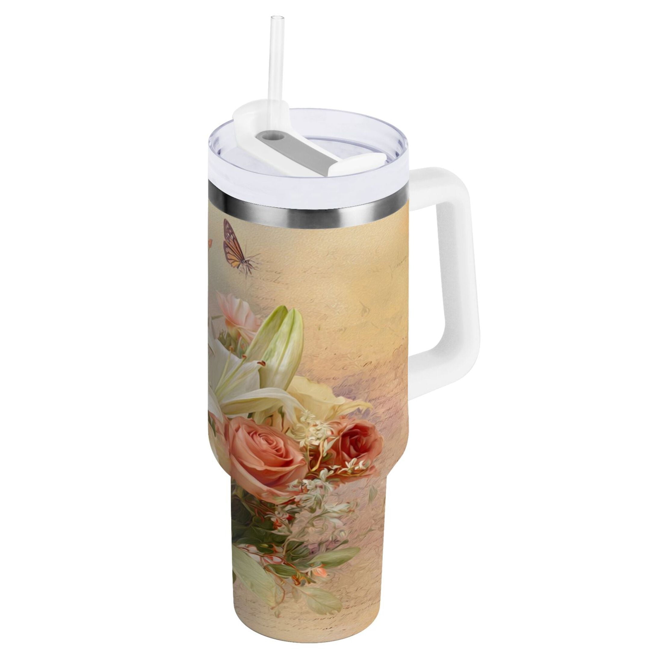 30 oz Insulated Stainless Steel Tumbler Double Wall Stainless Steel Tumbler with 2-Way Drinking Beautiful Floral Bouquet - Choice 445