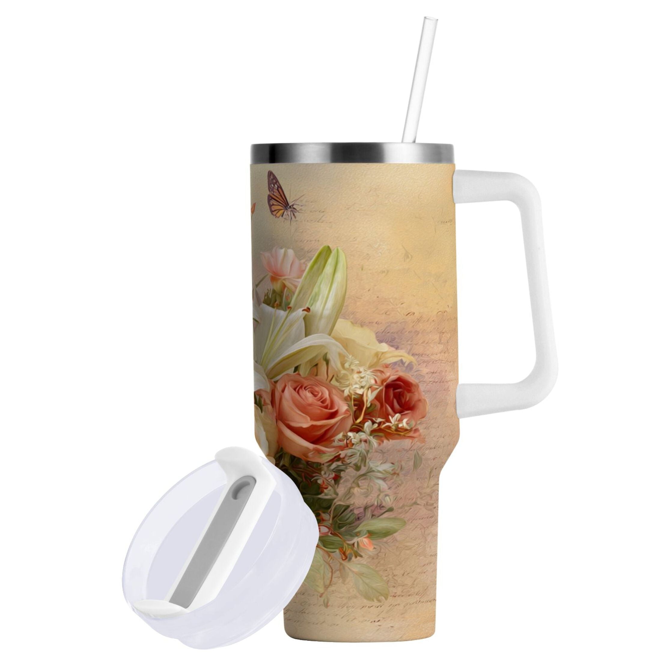 30 oz Insulated Stainless Steel Tumbler Double Wall Stainless Steel Tumbler with 2-Way Drinking Beautiful Floral Bouquet - Choice 445