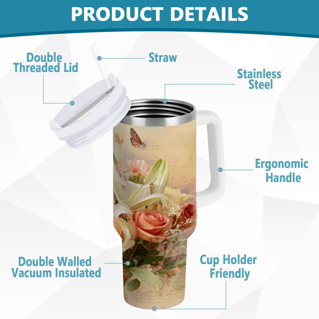 30 oz Insulated Stainless Steel Tumbler Double Wall Stainless Steel Tumbler with 2-Way Drinking Beautiful Floral Bouquet - Choice 445