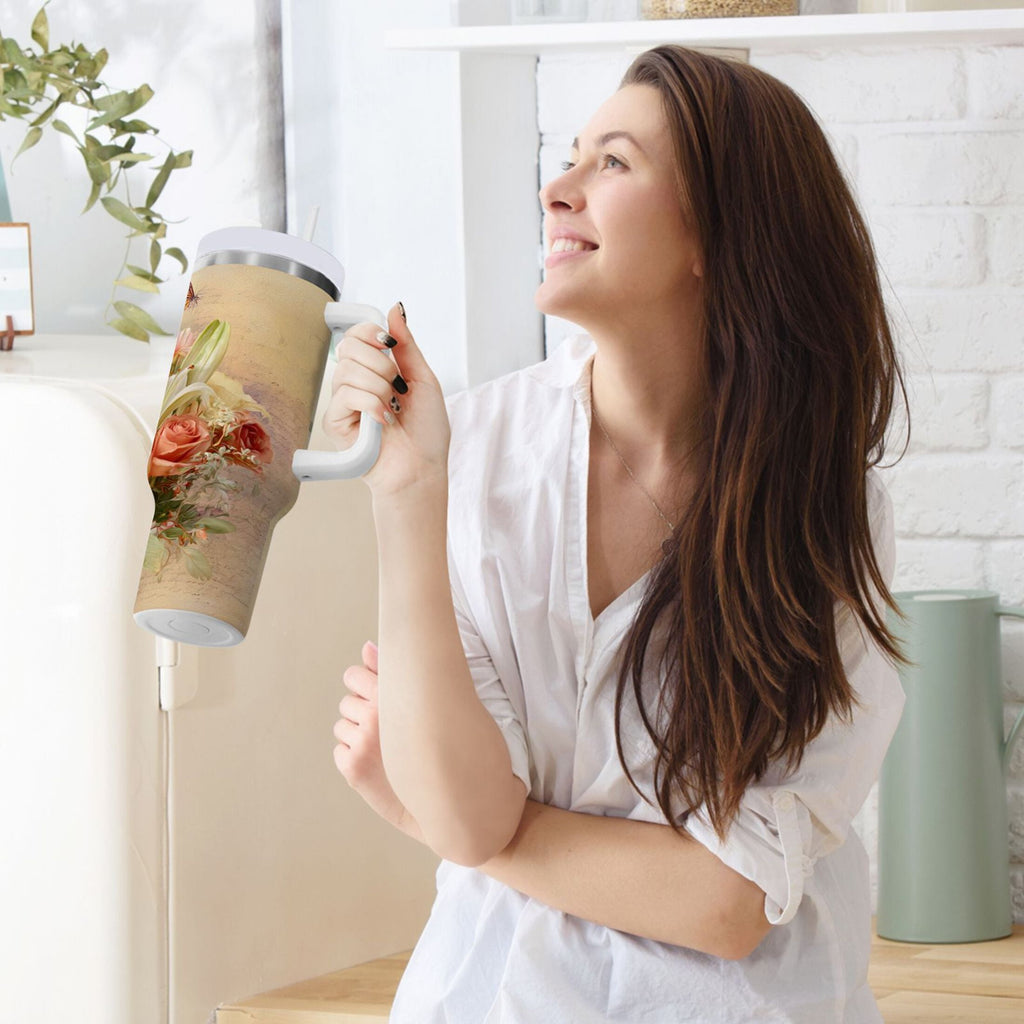 30 oz Insulated Stainless Steel Tumbler Double Wall Stainless Steel Tumbler with 2-Way Drinking Beautiful Floral Bouquet - Choice 445
