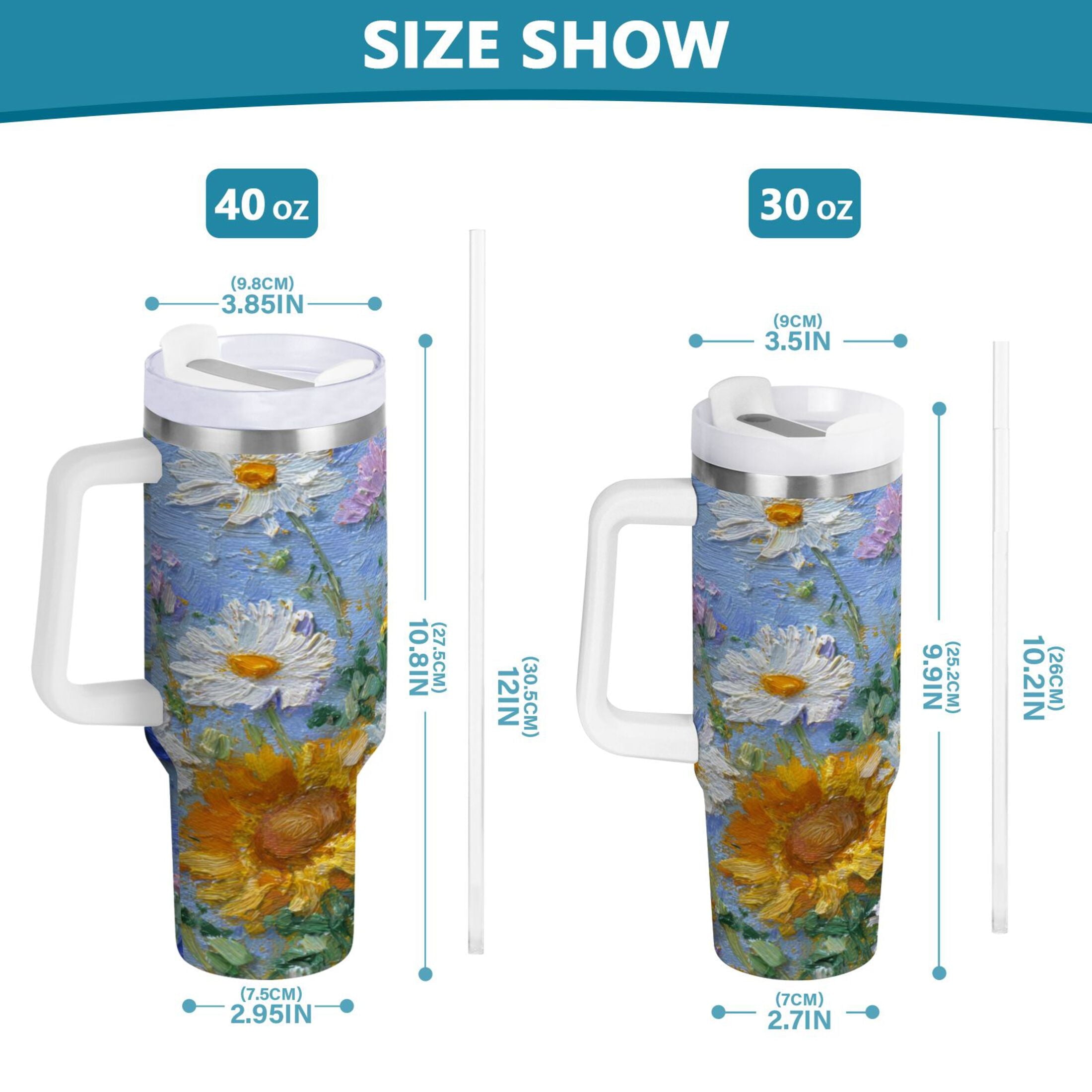 40 oz Insulated Stainless Steel Tumbler Double Wall Stainless Steel Tumbler with 2-Way Drinking Sunflowers and Daisies - Choice 183