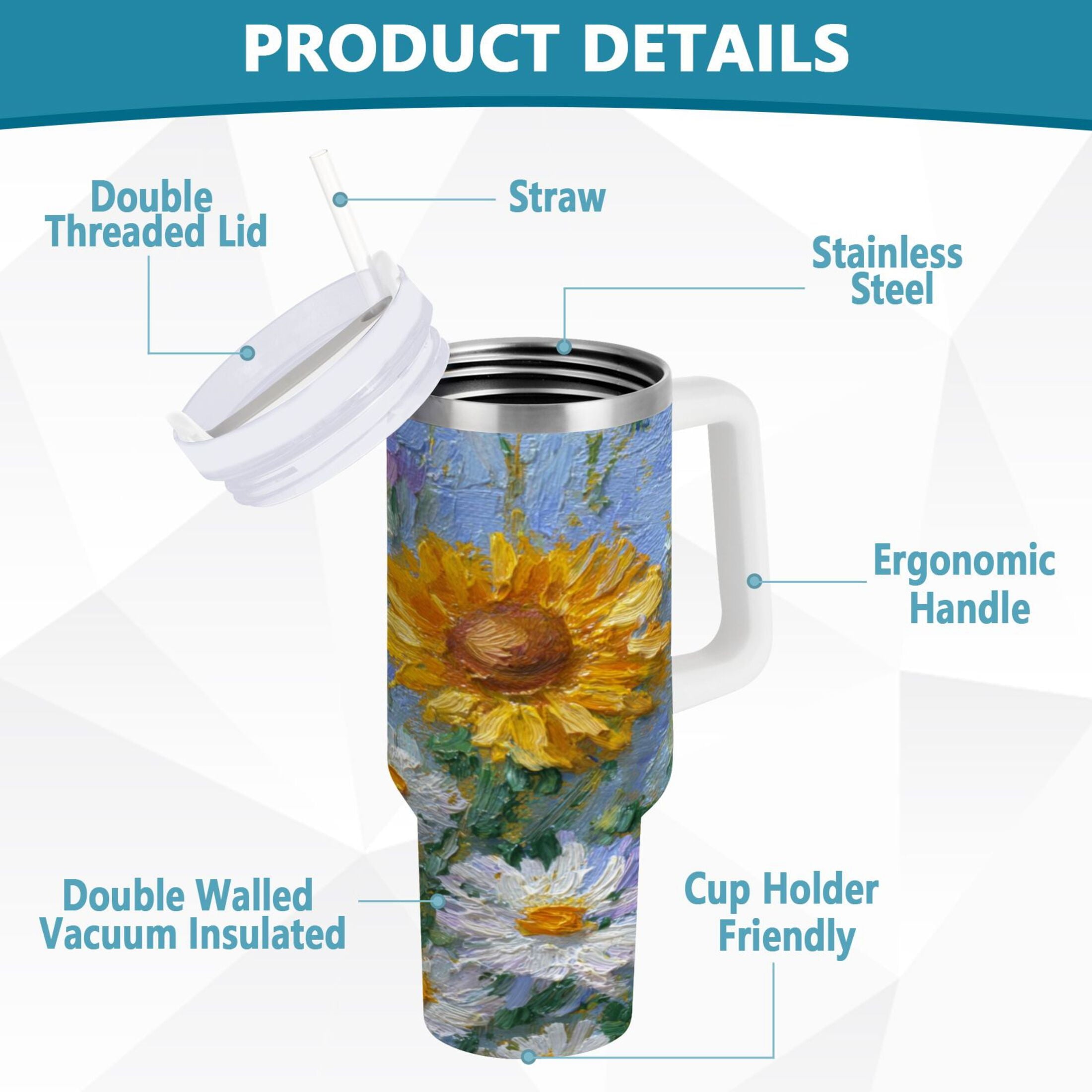 40 oz Insulated Stainless Steel Tumbler Double Wall Stainless Steel Tumbler with 2-Way Drinking Sunflowers and Daisies - Choice 183