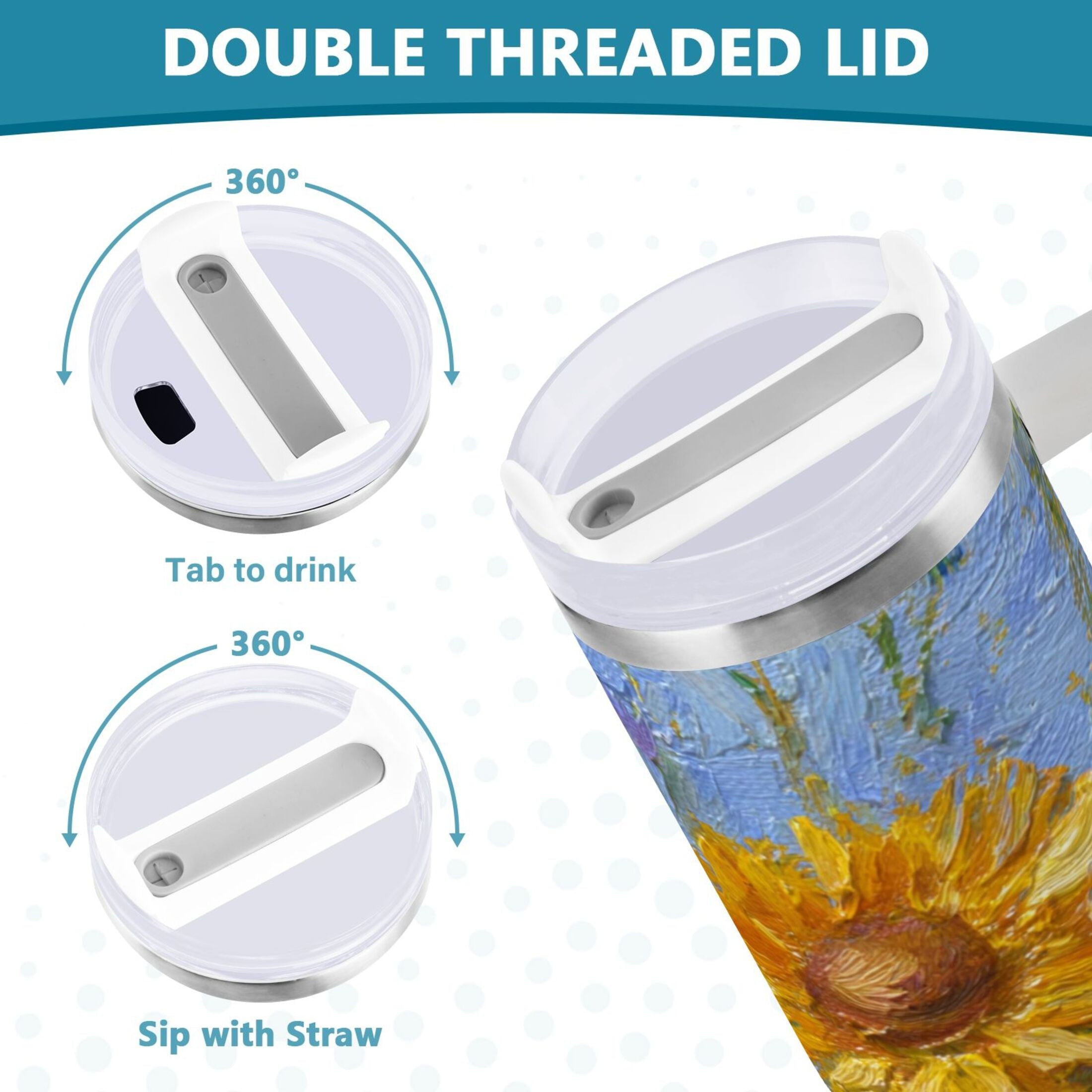 40 oz Insulated Stainless Steel Tumbler Double Wall Stainless Steel Tumbler with 2-Way Drinking Sunflowers and Daisies - Choice 183