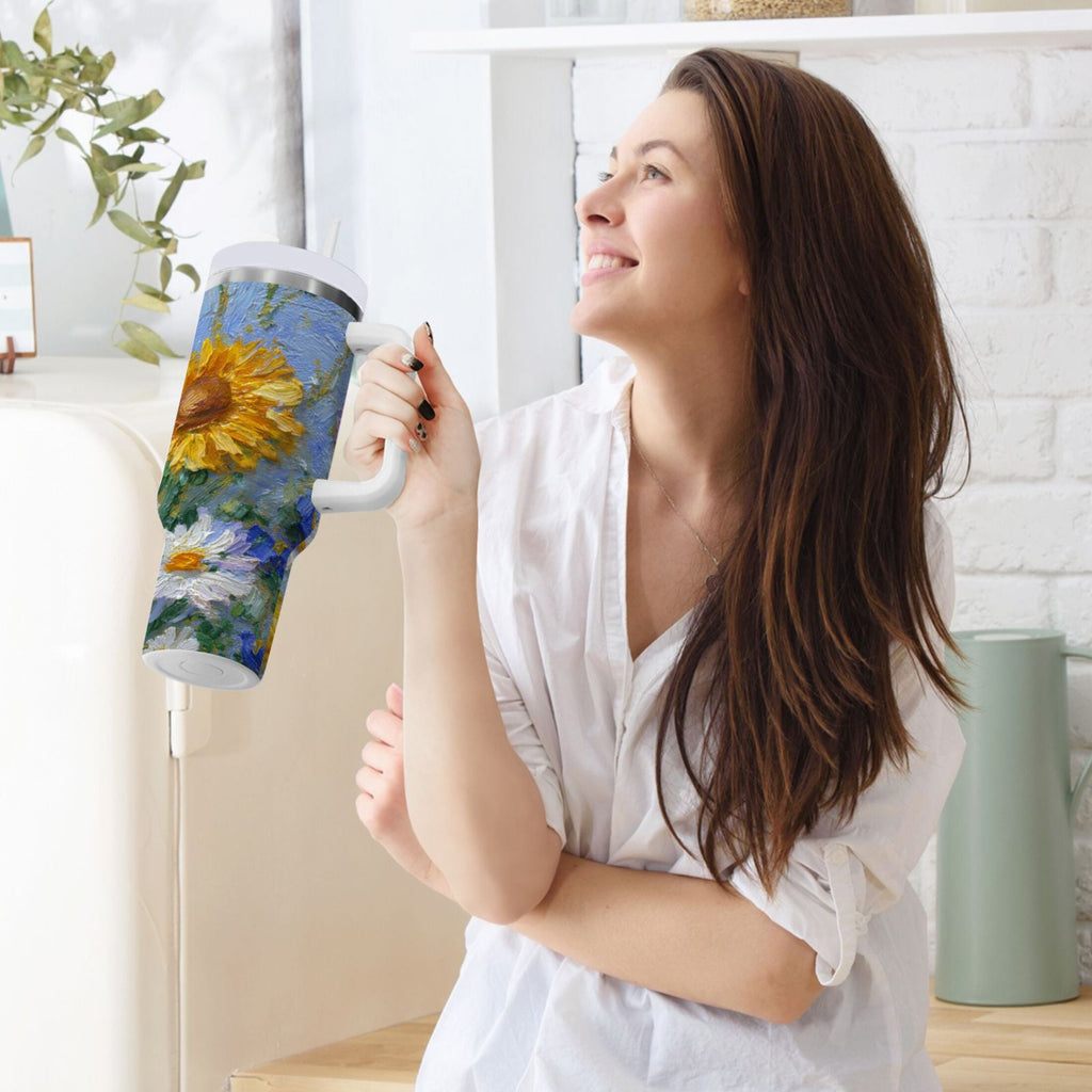 40 oz Insulated Stainless Steel Tumbler Double Wall Stainless Steel Tumbler with 2-Way Drinking Sunflowers and Daisies - Choice 183