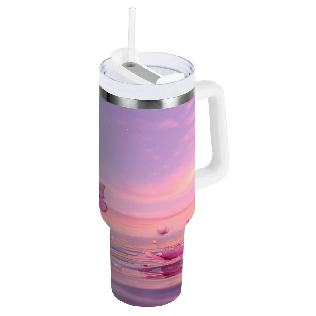 30 oz Insulated Stainless Steel Tumbler Double Wall Stainless Steel Tumbler with 2-Way Drinking Pink Butterflies Flying - Choice 429