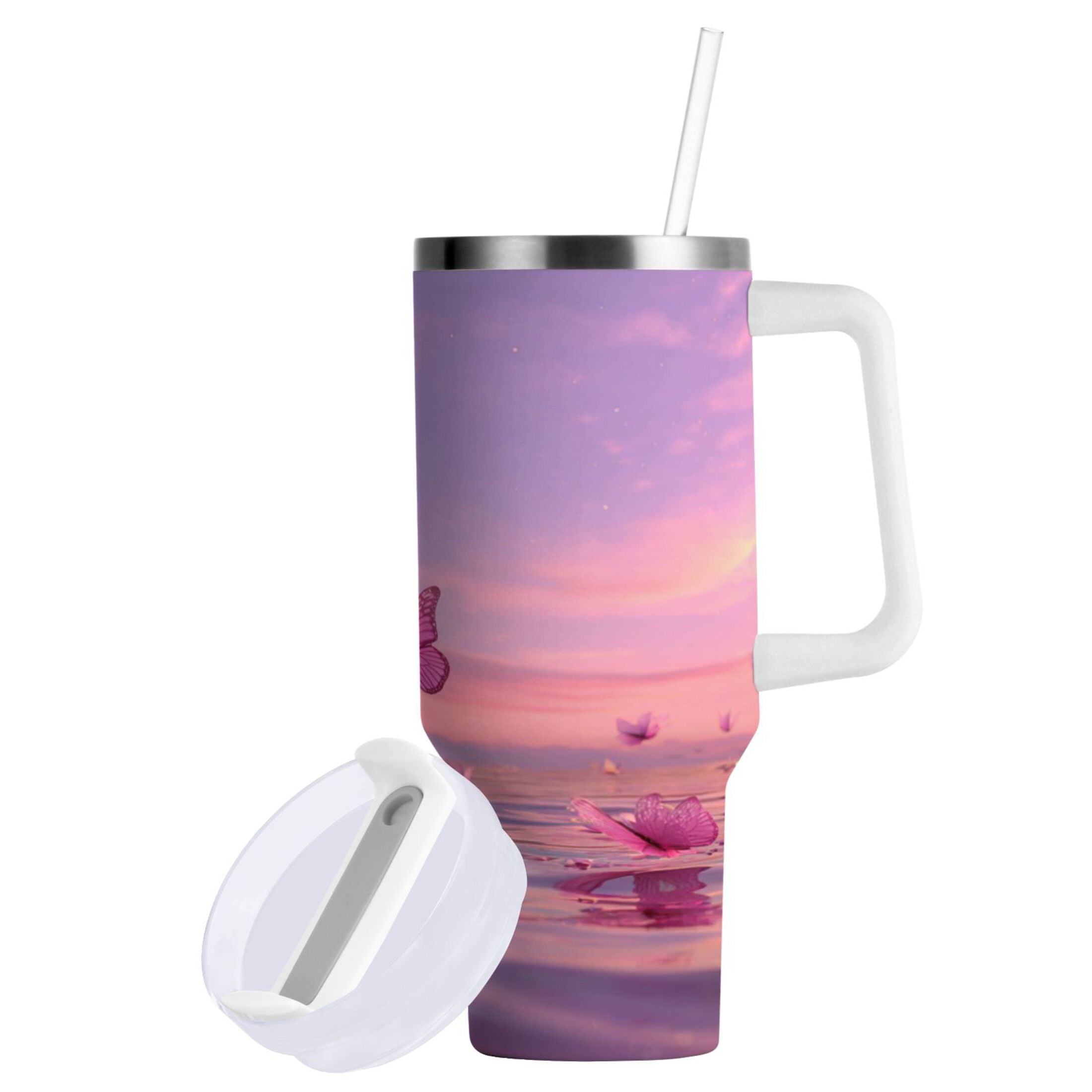 30 oz Insulated Stainless Steel Tumbler Double Wall Stainless Steel Tumbler with 2-Way Drinking Pink Butterflies Flying - Choice 429