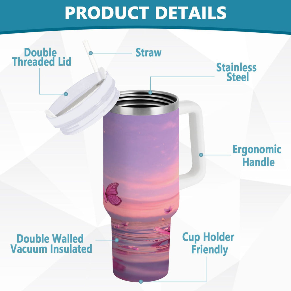 30 oz Insulated Stainless Steel Tumbler Double Wall Stainless Steel Tumbler with 2-Way Drinking Pink Butterflies Flying - Choice 429