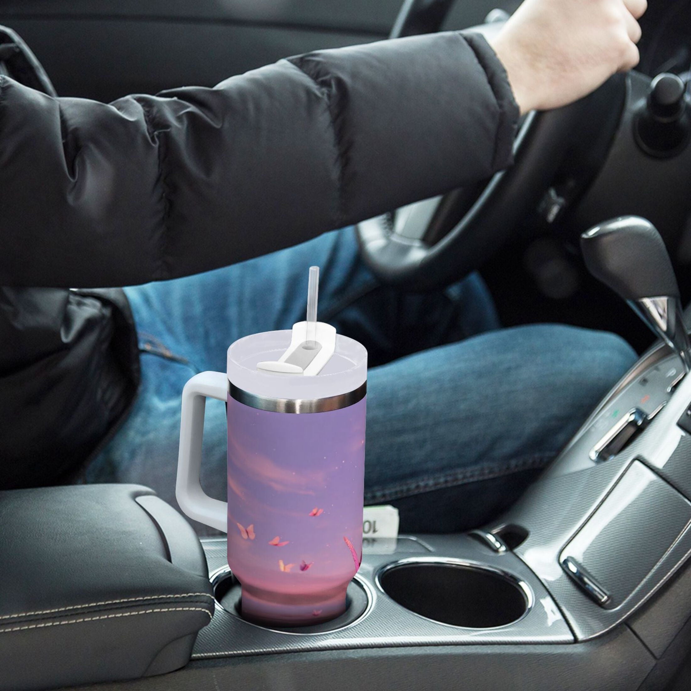 30 oz Insulated Stainless Steel Tumbler Double Wall Stainless Steel Tumbler with 2-Way Drinking Pink Butterflies Flying - Choice 429
