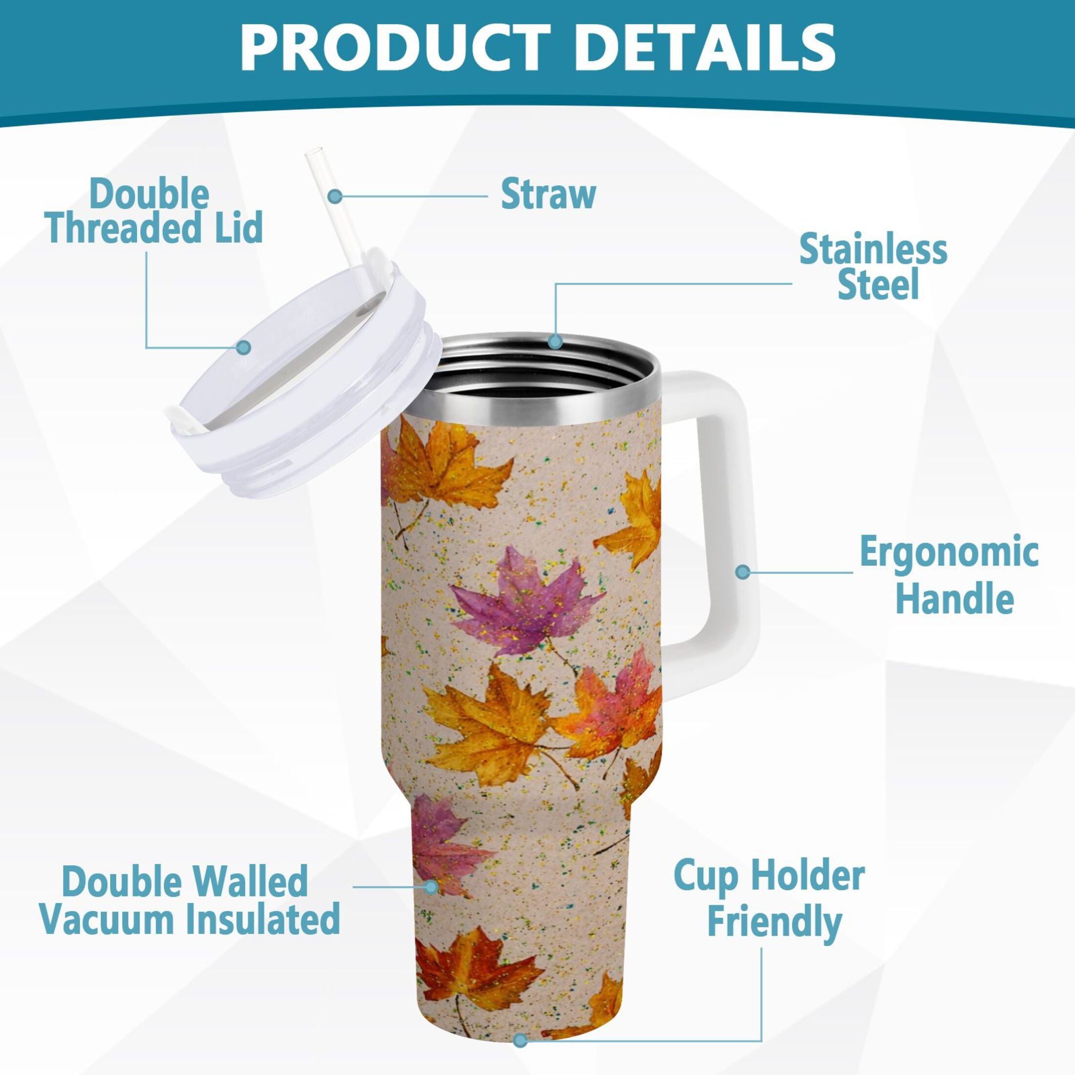 40 oz Insulated Stainless Steel Tumbler Double Wall Stainless Steel Tumbler with 2-Way Drinking Colored Autumn Leaves - Choice 790