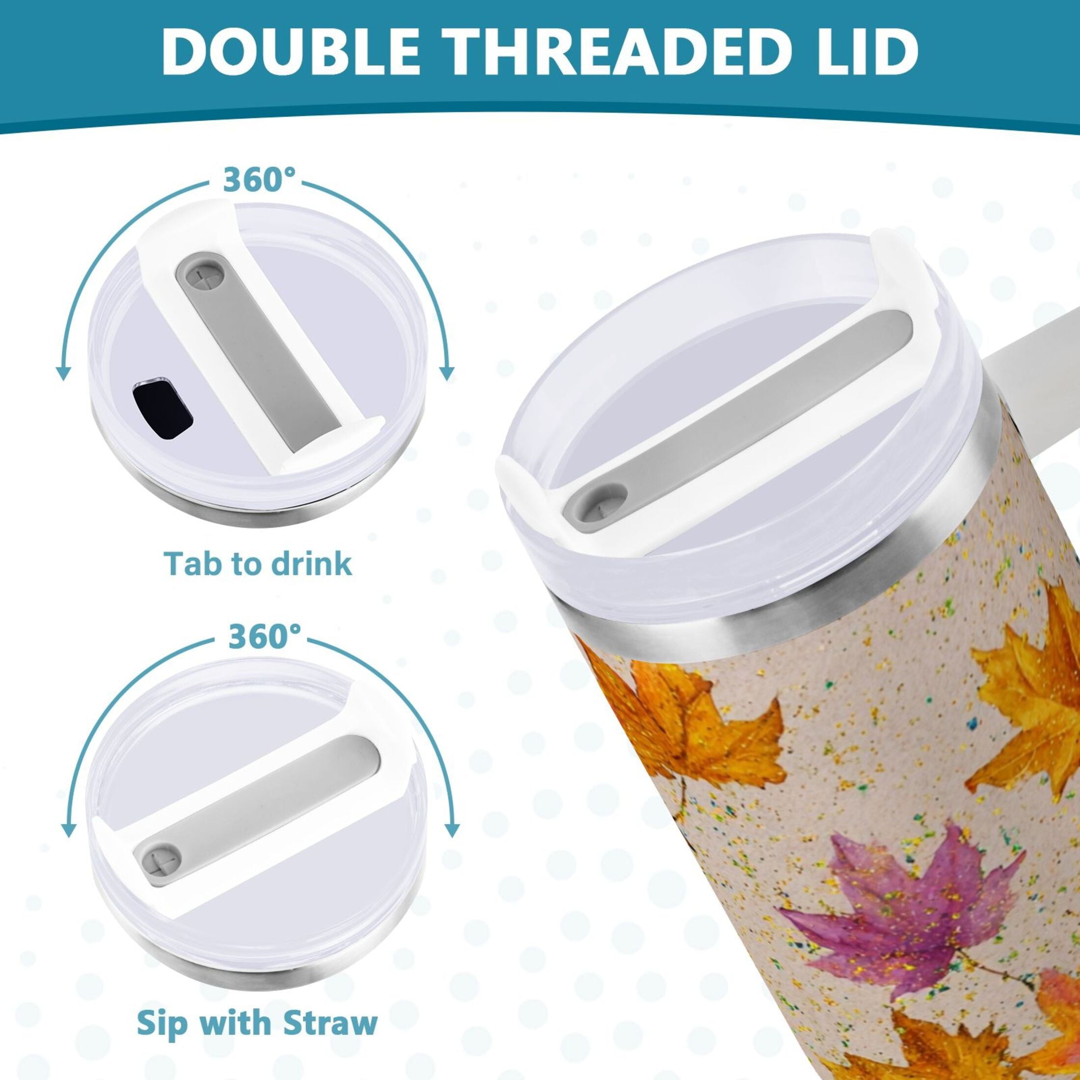 40 oz Insulated Stainless Steel Tumbler Double Wall Stainless Steel Tumbler with 2-Way Drinking Colored Autumn Leaves - Choice 790