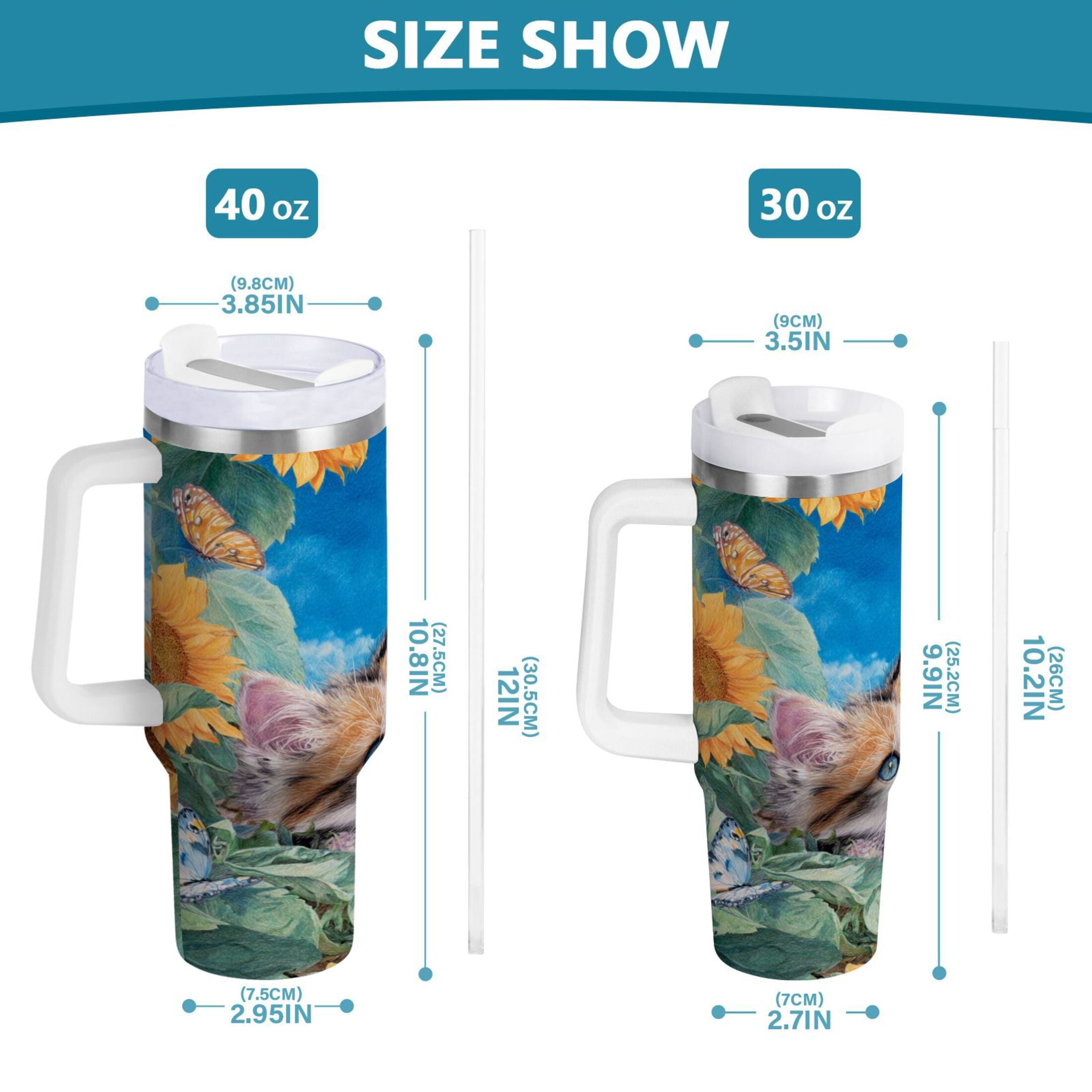 40 oz Insulated Stainless Steel Tumbler Double Wall Stainless Steel Tumbler with 2-Way Drinking Playful Cat Lying Sunflowers - Choice 895