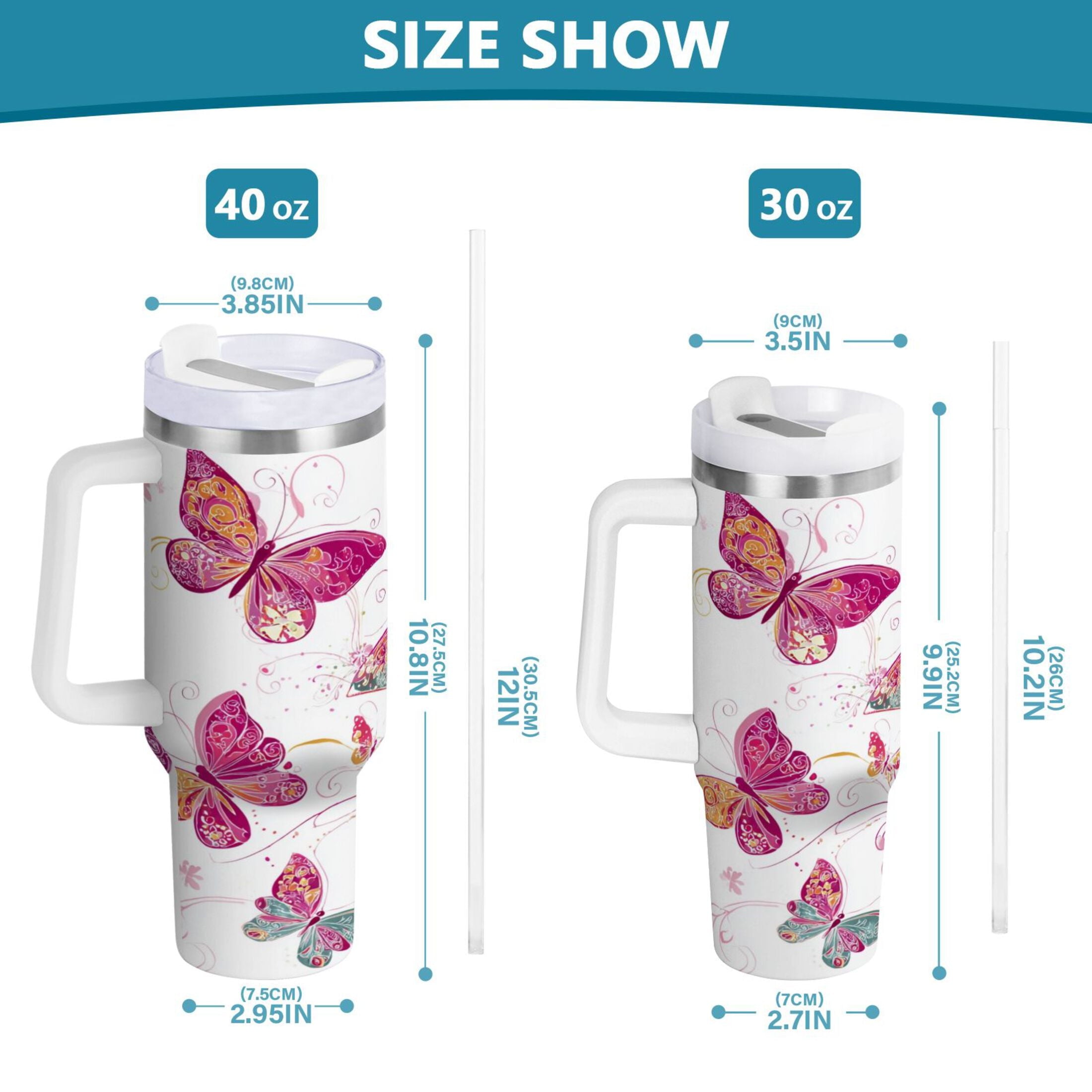 30 oz Insulated Stainless Steel Tumbler Double Wall Stainless Steel Tumbler with 2-Way Drinking Colorful Butterflies - Choice 575