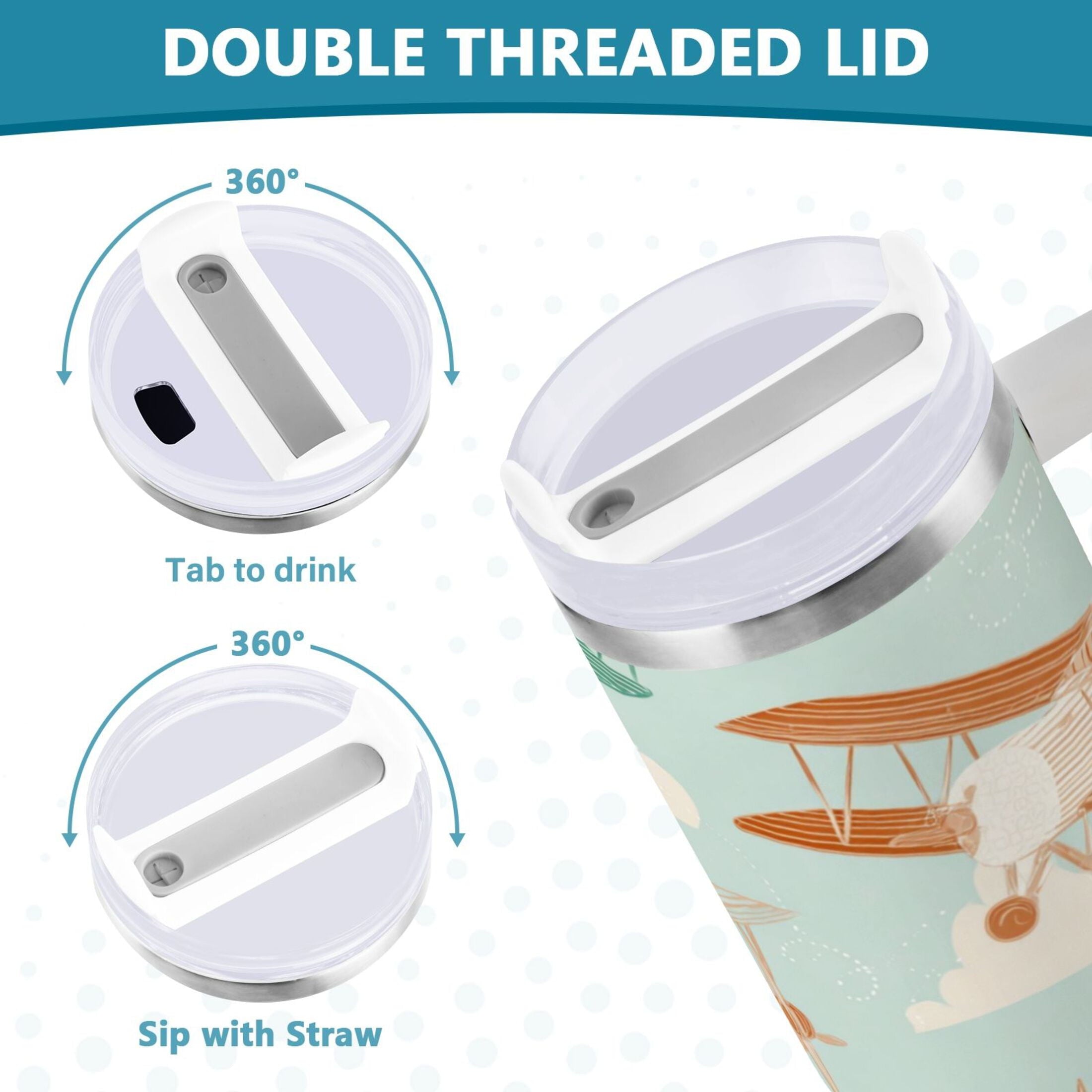 40 oz Insulated Stainless Steel Tumbler Double Wall Stainless Steel Tumbler with 2-Way Drinking Cute Airplanes - Choice 952