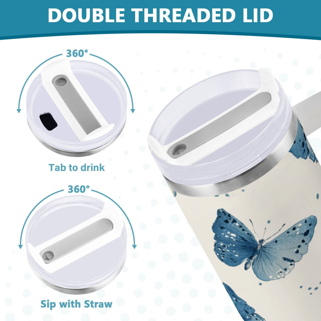 30 oz Insulated Stainless Steel Tumbler Double Wall Stainless Steel Tumbler with 2-Way Drinking Blue Watercolor Butterflies - Choice 605