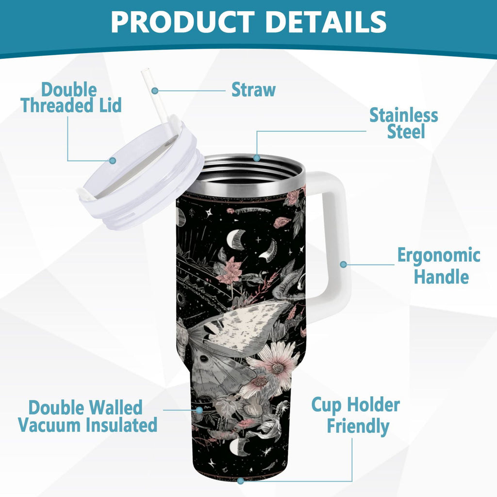 40 oz Insulated Stainless Steel Tumbler Double Wall Stainless Steel Tumbler with 2-Way Drinking Butterfly Surrounded by Flowers - Choice 564