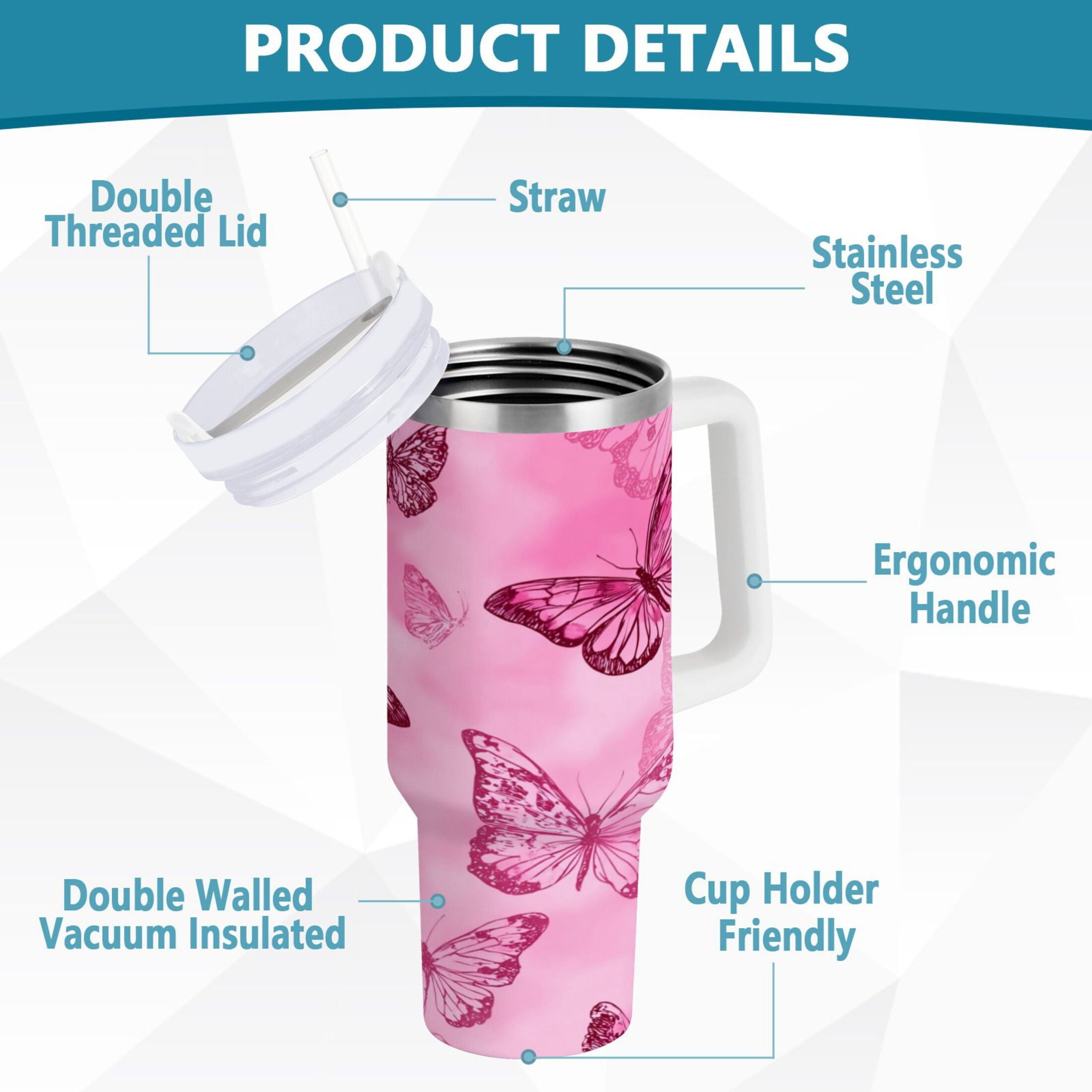 40 oz Insulated Stainless Steel Tumbler Double Wall Stainless Steel Tumbler with 2-Way Drinking Pink Butterfly Pattern - Choice 429