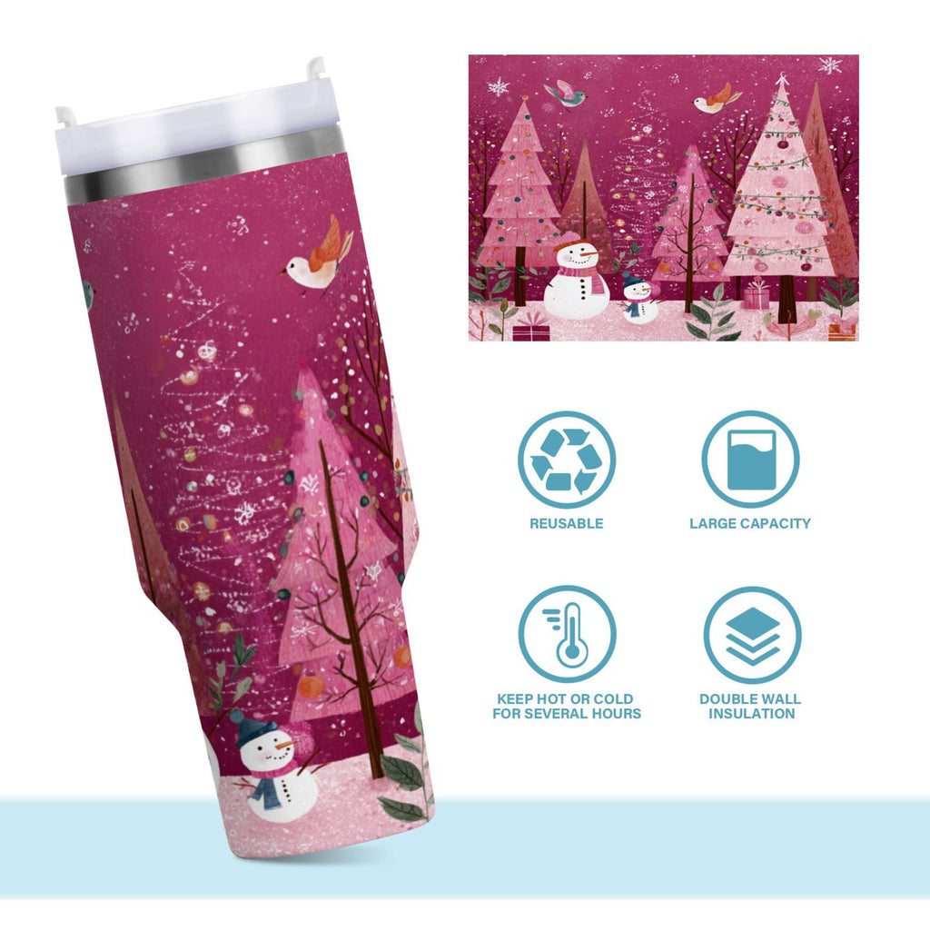 40 oz Insulated Stainless Steel Tumbler Double Wall Stainless Steel Tumbler with 2-Way Drinking Pink Christmas Forest - Choice 570