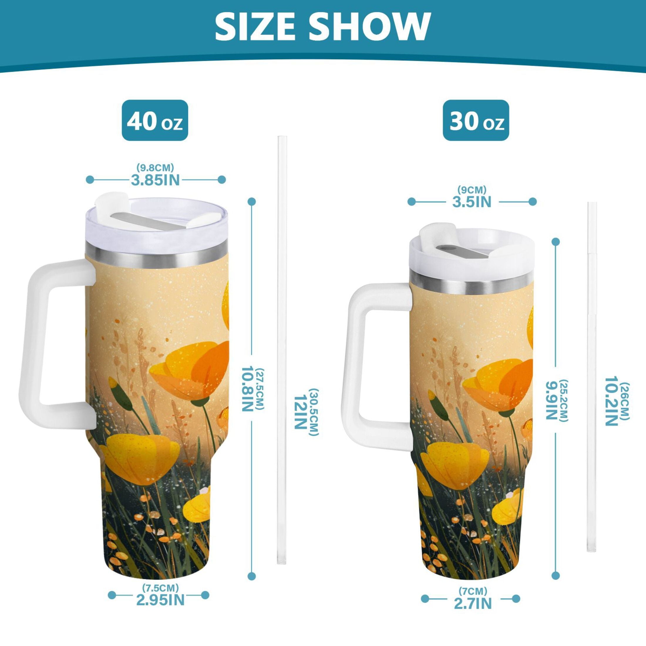 30 oz Insulated Stainless Steel Tumbler Double Wall Stainless Steel Tumbler with 2-Way Drinking Yellow Flowers on The Grass - Choice 300