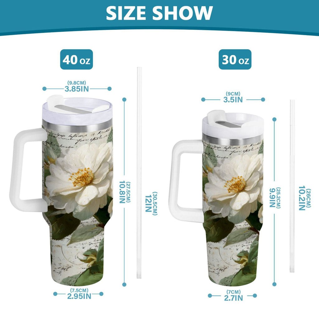 40 oz Insulated Stainless Steel Tumbler Double Wall Stainless Steel Tumbler with 2-Way Drinking Vintage White Camellias - Choice 737
