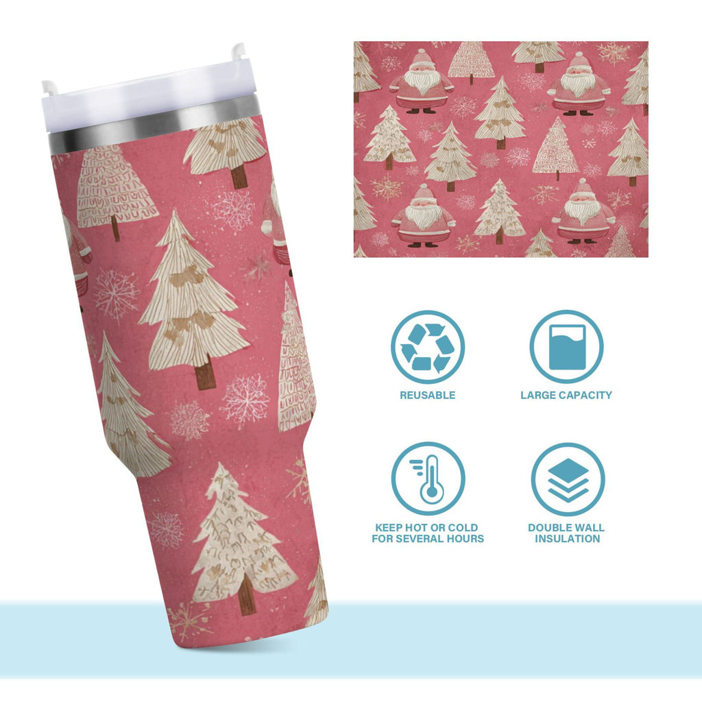 40 oz Insulated Stainless Steel Tumbler Double Wall Stainless Steel Tumbler with 2-Way Drinking Pink Santa Claus Pattern - Choice 245