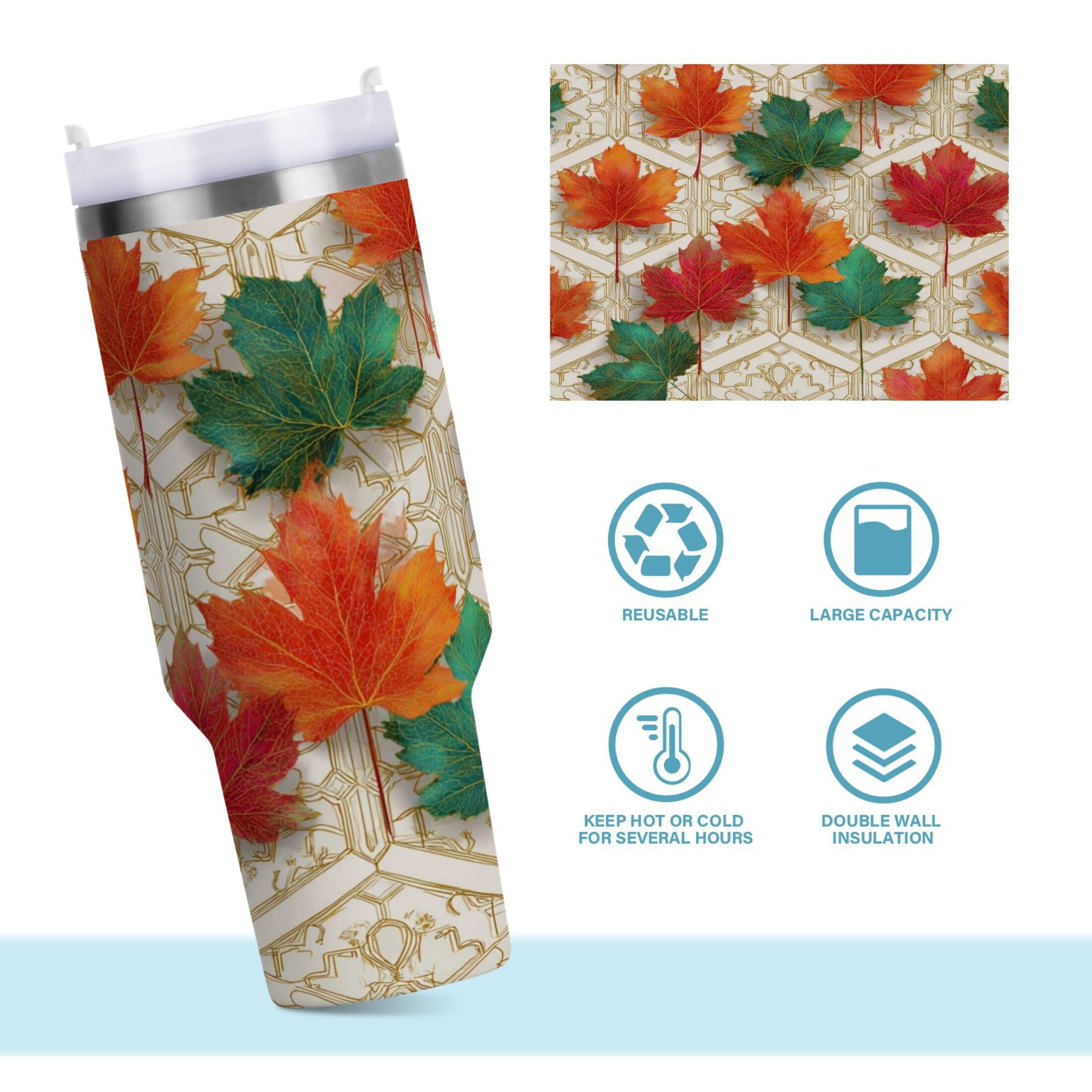 30 oz Insulated Stainless Steel Tumbler Double Wall Stainless Steel Tumbler with 2-Way Drinking Green and Red Maple Leaves - Choice 914
