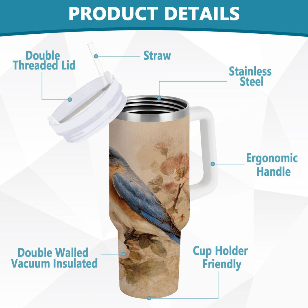 40 oz Insulated Stainless Steel Tumbler Double Wall Stainless Steel Tumbler with 2-Way Drinking Bluebird and Ancient Flowers - Choice 248