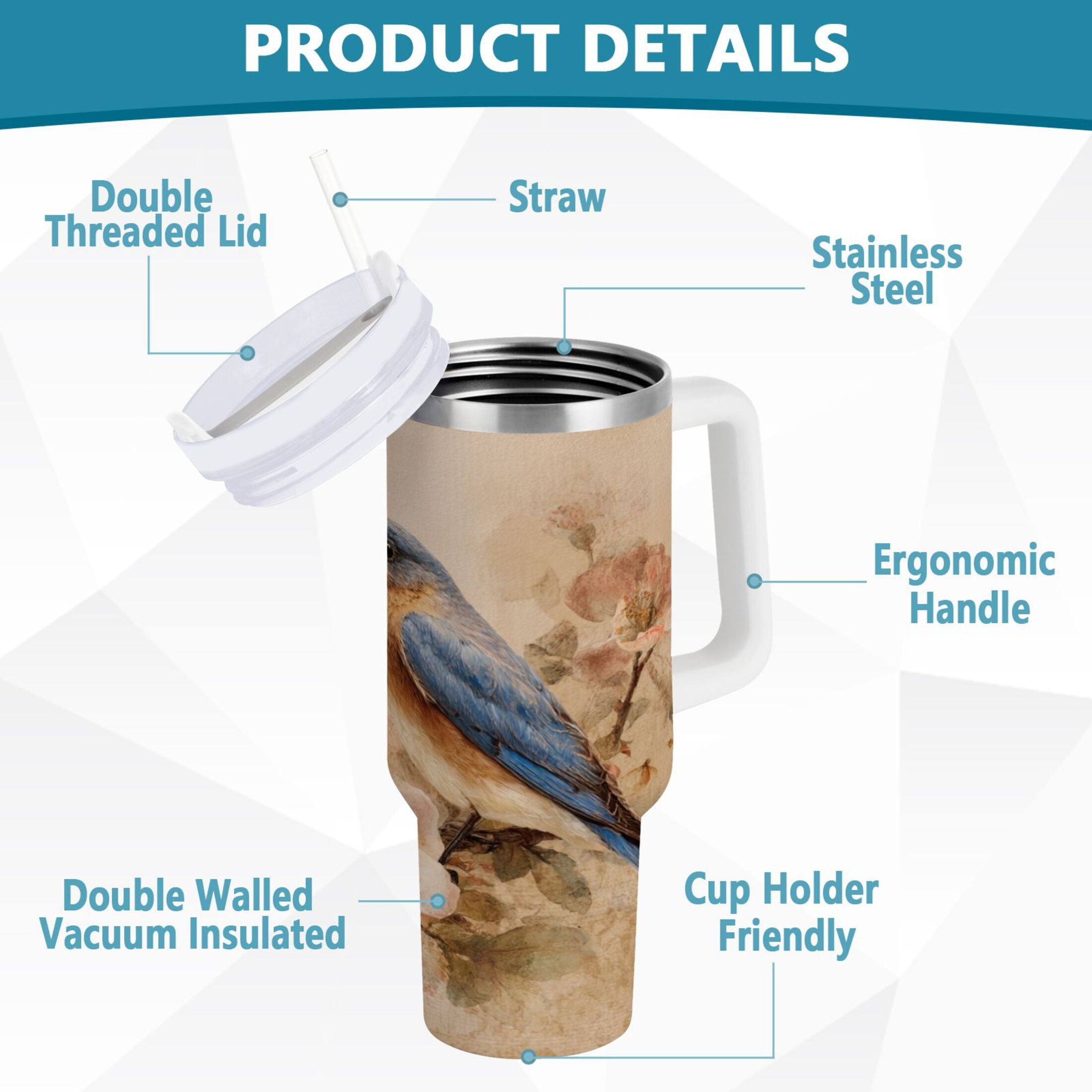 40 oz Insulated Stainless Steel Tumbler Double Wall Stainless Steel Tumbler with 2-Way Drinking Bluebird and Ancient Flowers - Choice 248
