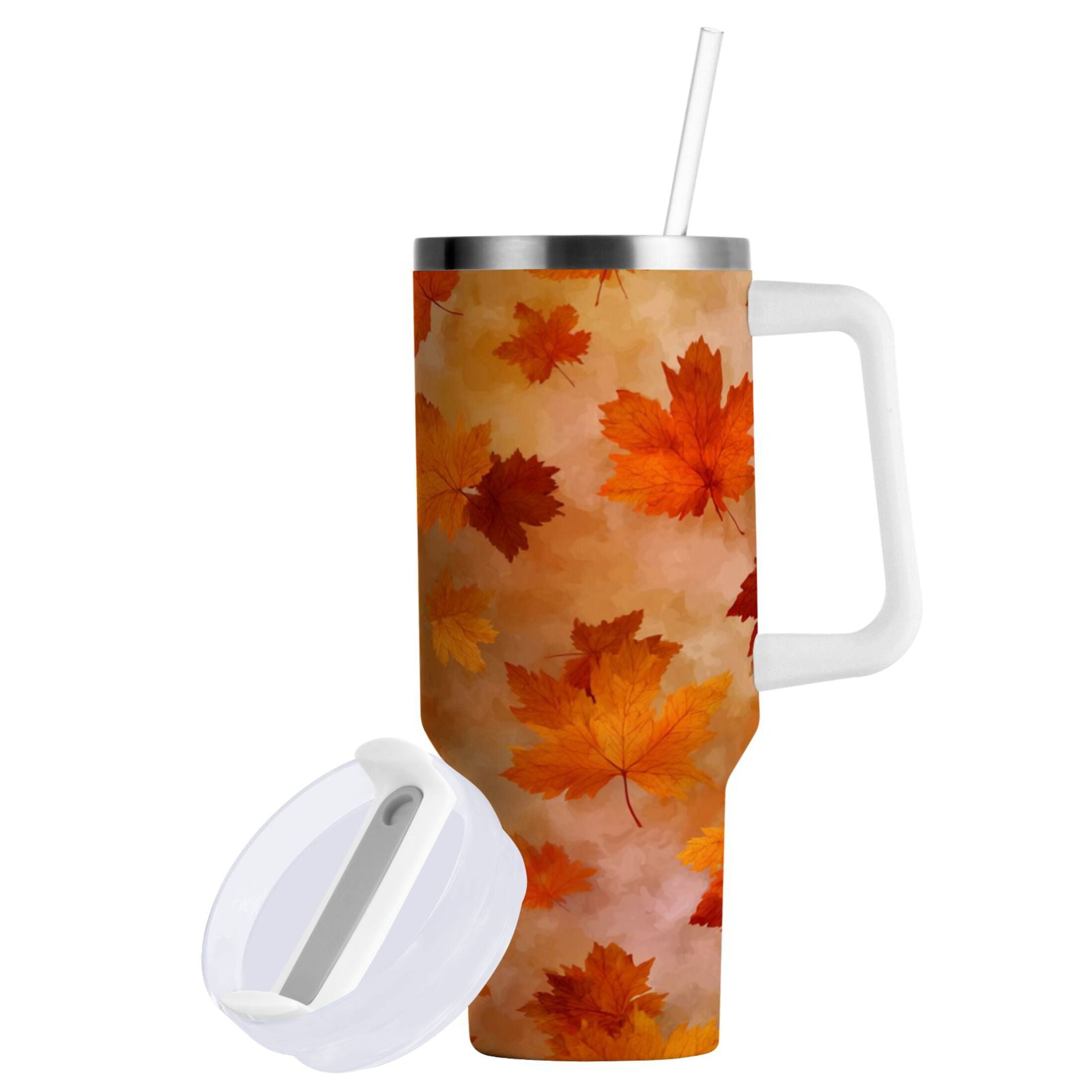 40 oz Insulated Stainless Steel Tumbler Double Wall Stainless Steel Tumbler with 2-Way Drinking Orange and Brown Autumn Leaves - Choice 470