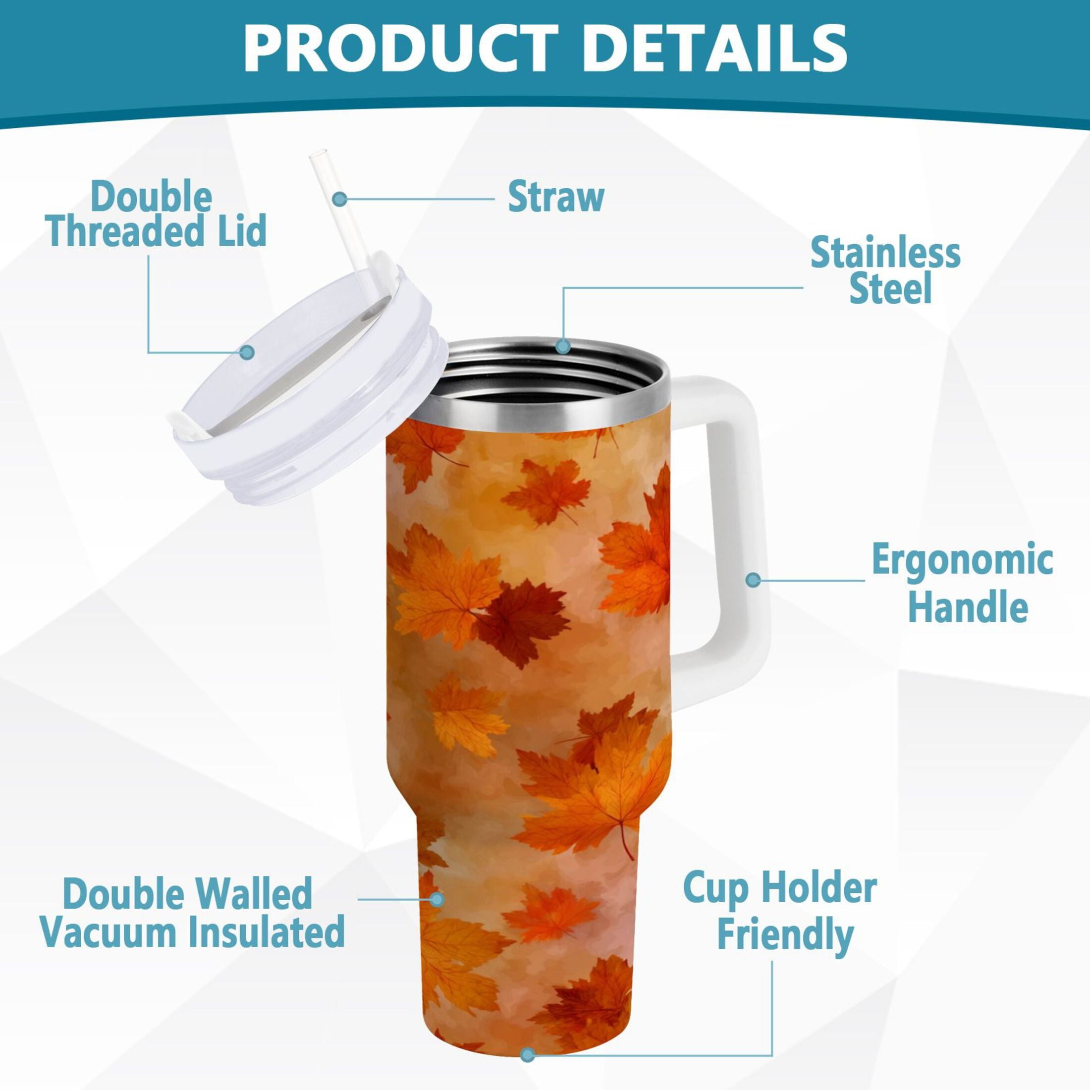 40 oz Insulated Stainless Steel Tumbler Double Wall Stainless Steel Tumbler with 2-Way Drinking Orange and Brown Autumn Leaves - Choice 470