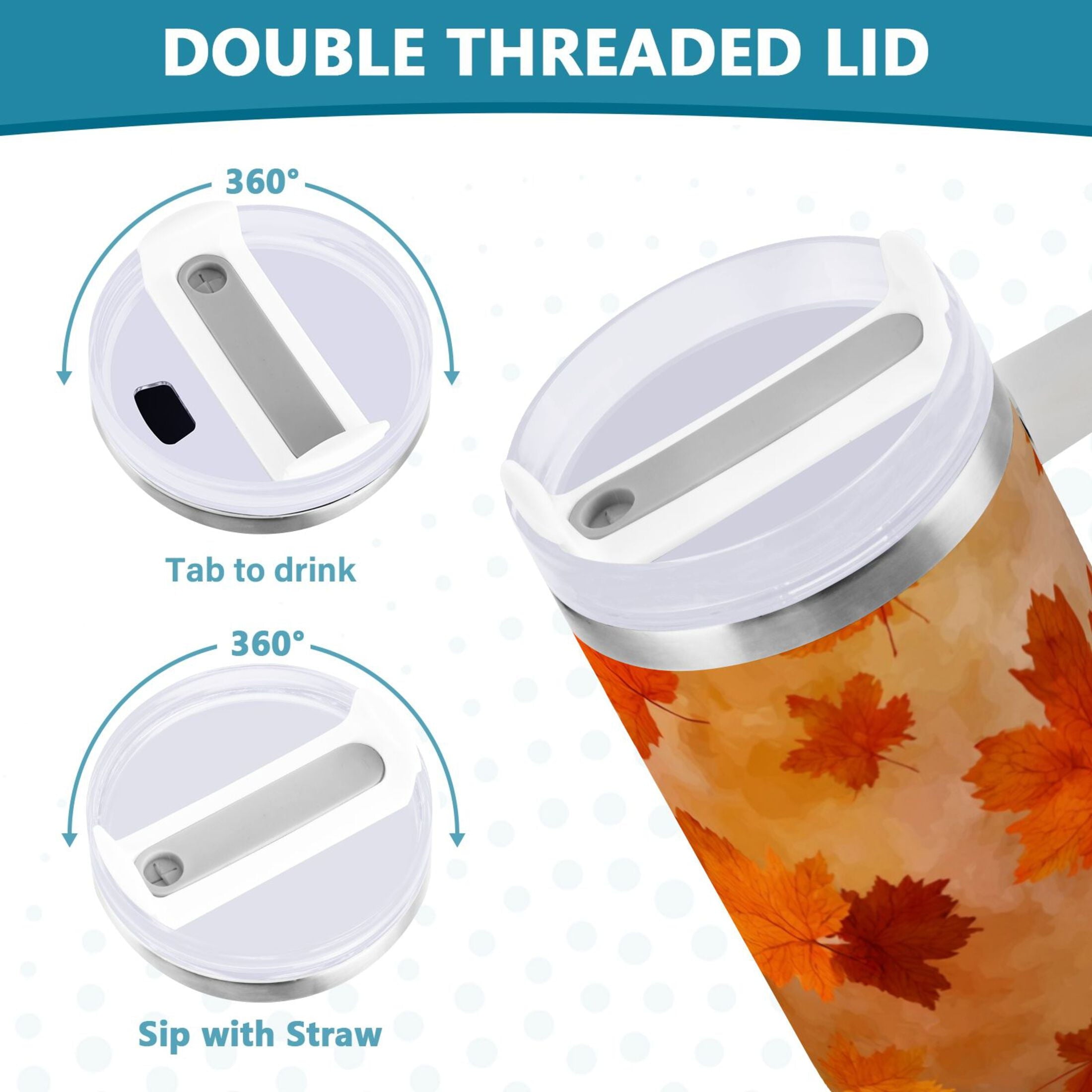 40 oz Insulated Stainless Steel Tumbler Double Wall Stainless Steel Tumbler with 2-Way Drinking Orange and Brown Autumn Leaves - Choice 470