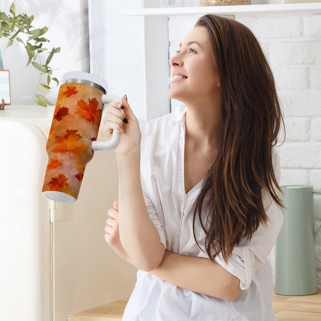 40 oz Insulated Stainless Steel Tumbler Double Wall Stainless Steel Tumbler with 2-Way Drinking Orange and Brown Autumn Leaves - Choice 470