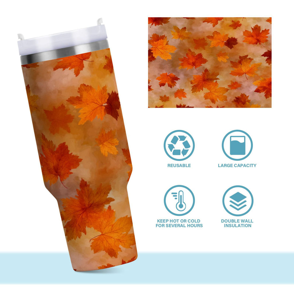 40 oz Insulated Stainless Steel Tumbler Double Wall Stainless Steel Tumbler with 2-Way Drinking Orange and Brown Autumn Leaves - Choice 470