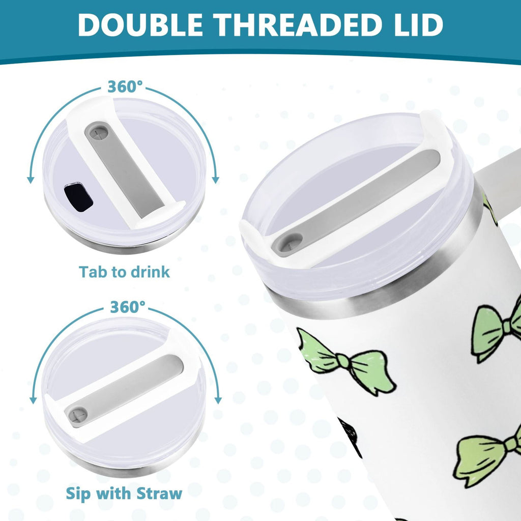 40 oz Insulated Stainless Steel Tumbler Double Wall Stainless Steel Tumbler with 2-Way Drinking Green and Black Bows - Choice 904