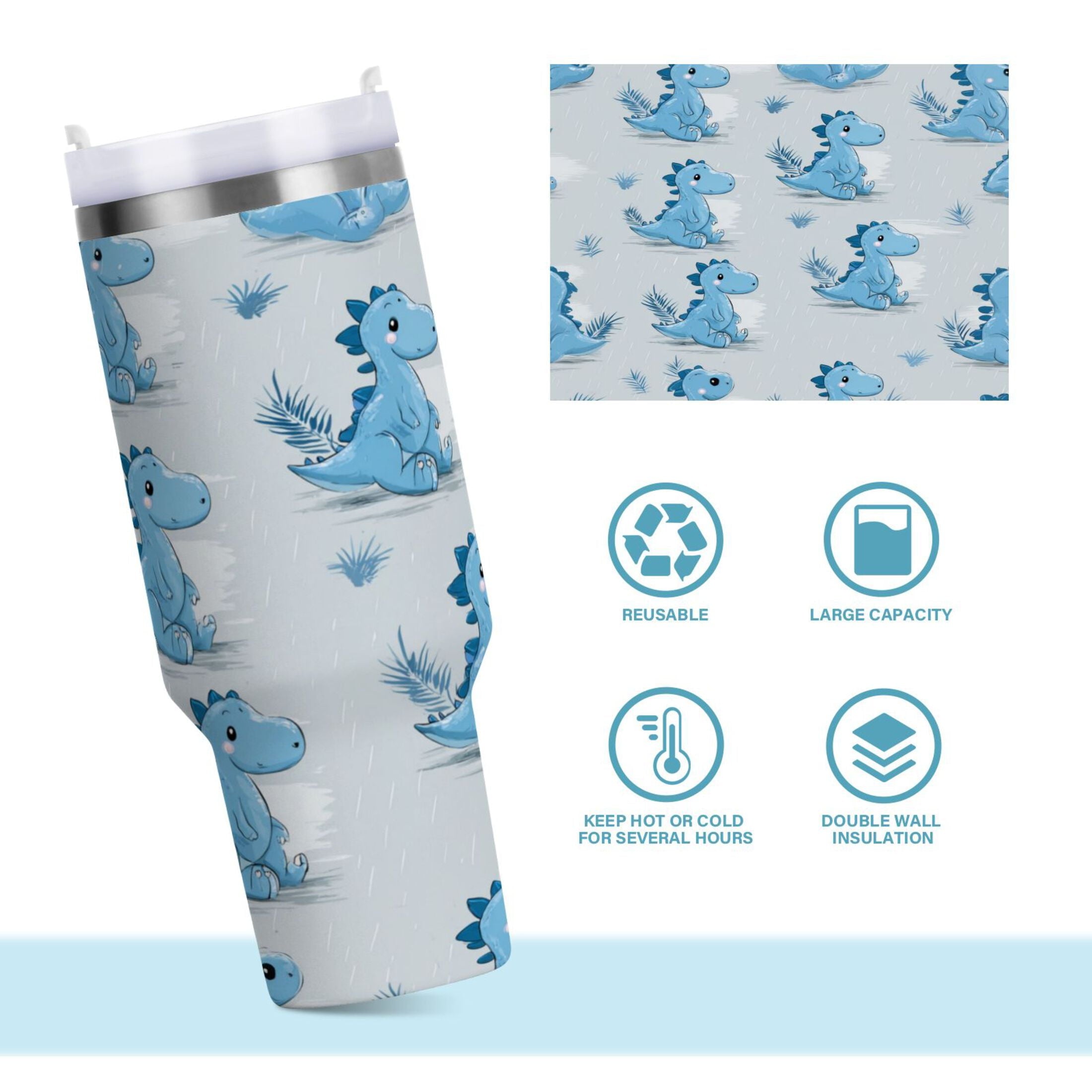 30 oz Insulated Stainless Steel Tumbler Double Wall Stainless Steel Tumbler with 2-Way Drinking Cartoon Blue Dinosaurs - Choice 815