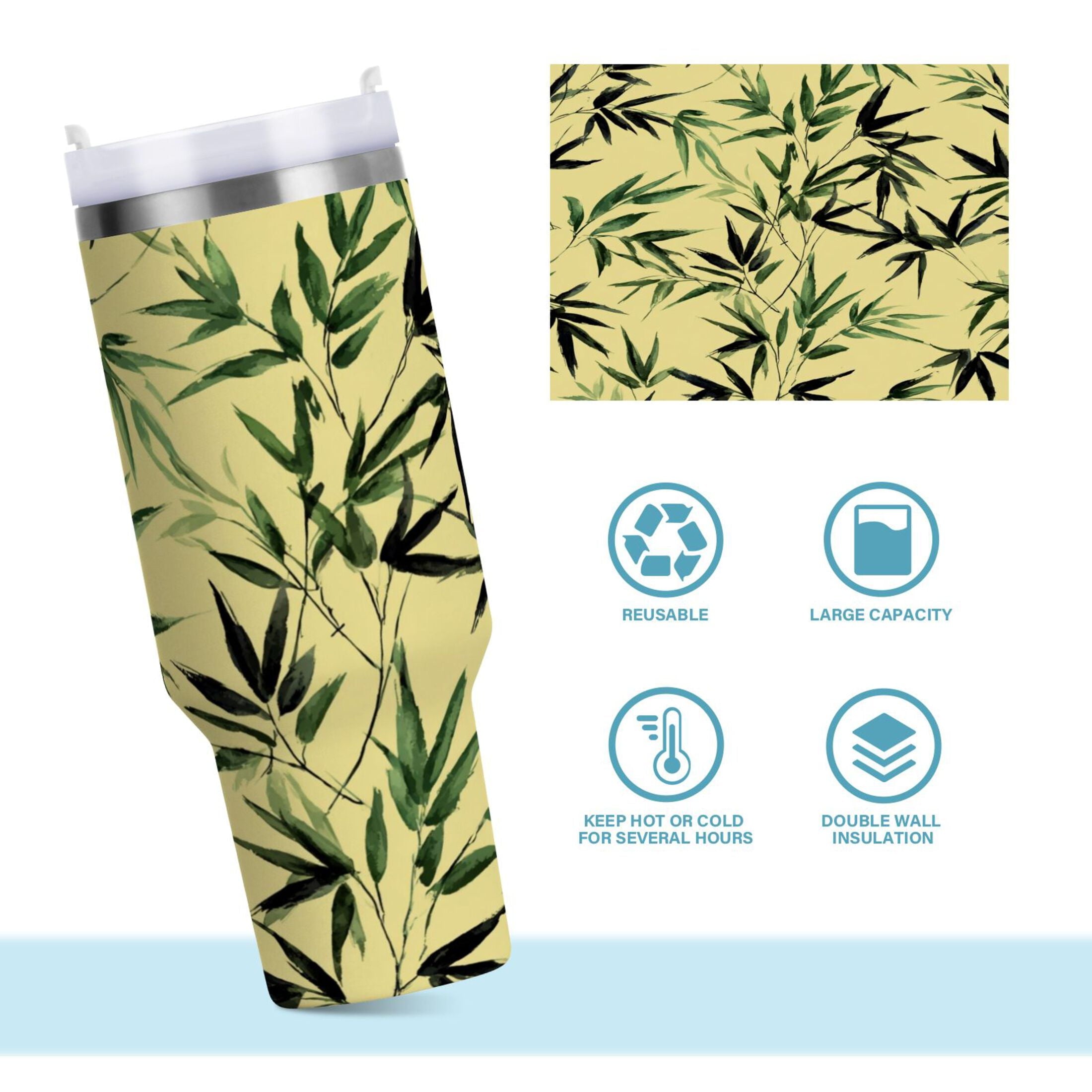 30 oz Insulated Stainless Steel Tumbler Double Wall Stainless Steel Tumbler with 2-Way Drinking Bamboo and Green Leaves - Choice 544