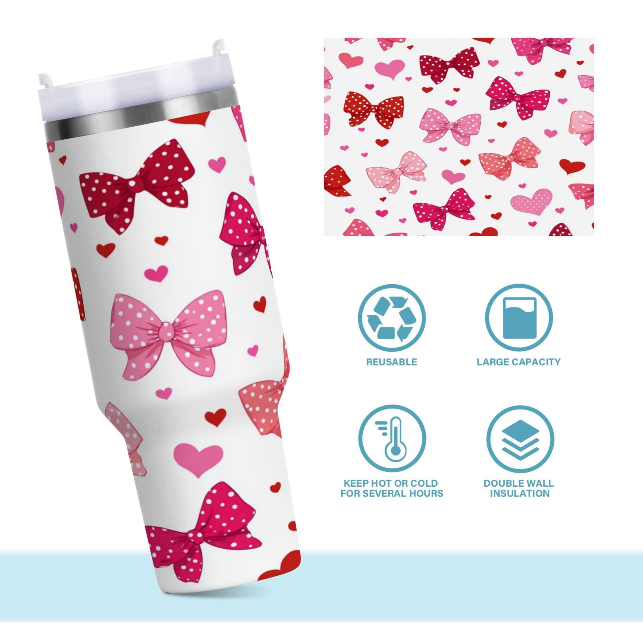 30 oz Insulated Stainless Steel Tumbler Double Wall Stainless Steel Tumbler with 2-Way Drinking Red and Pink Bows - Choice 811