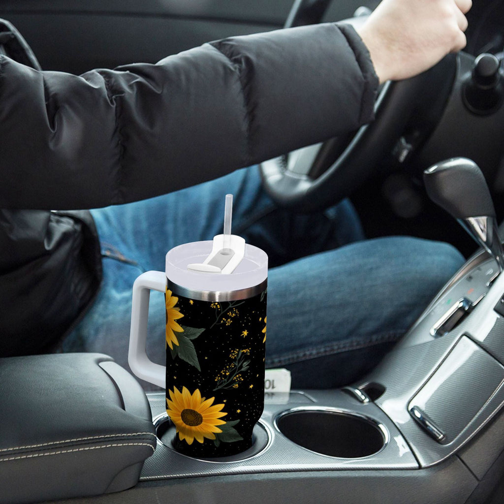 30 oz Insulated Stainless Steel Tumbler Double Wall Stainless Steel Tumbler with 2-Way Drinking Yellow Sunflower Pattern - Choice 158