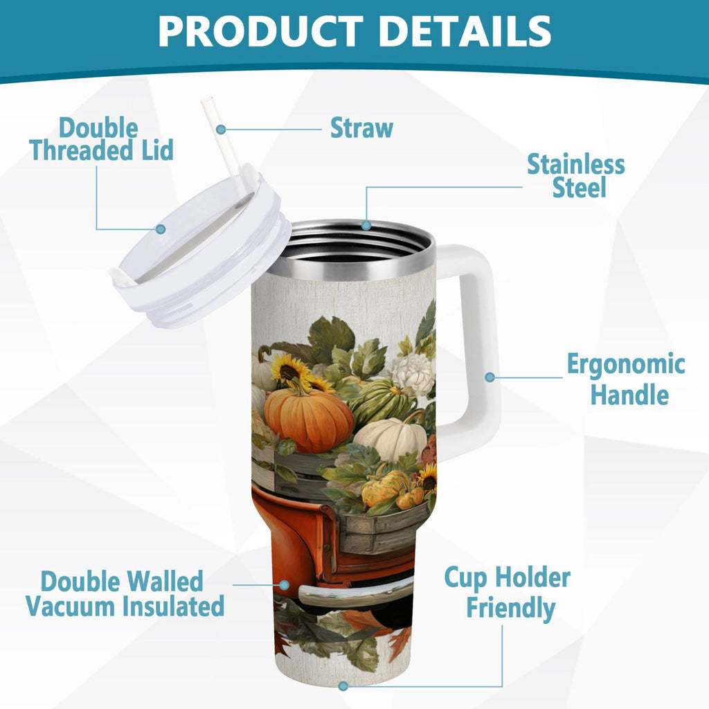 40 oz Insulated Stainless Steel Tumbler Double Wall Stainless Steel Tumbler with 2-Way Drinking Truck Full Of Pumpkins - Choice 682