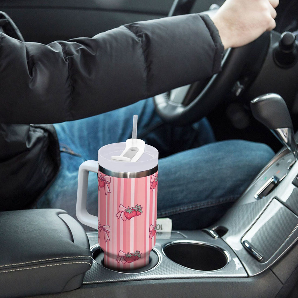 30 oz Insulated Stainless Steel Tumbler Double Wall Stainless Steel Tumbler with 2-Way Drinking Pink Bows and Strawberries - Choice 441