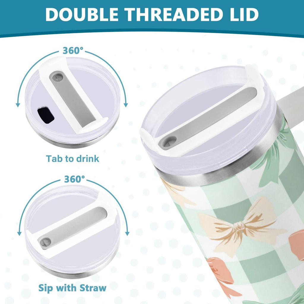 40 oz Insulated Stainless Steel Tumbler Double Wall Stainless Steel Tumbler with 2-Way Drinking Green and Peach Bow Pattern - Choice 304