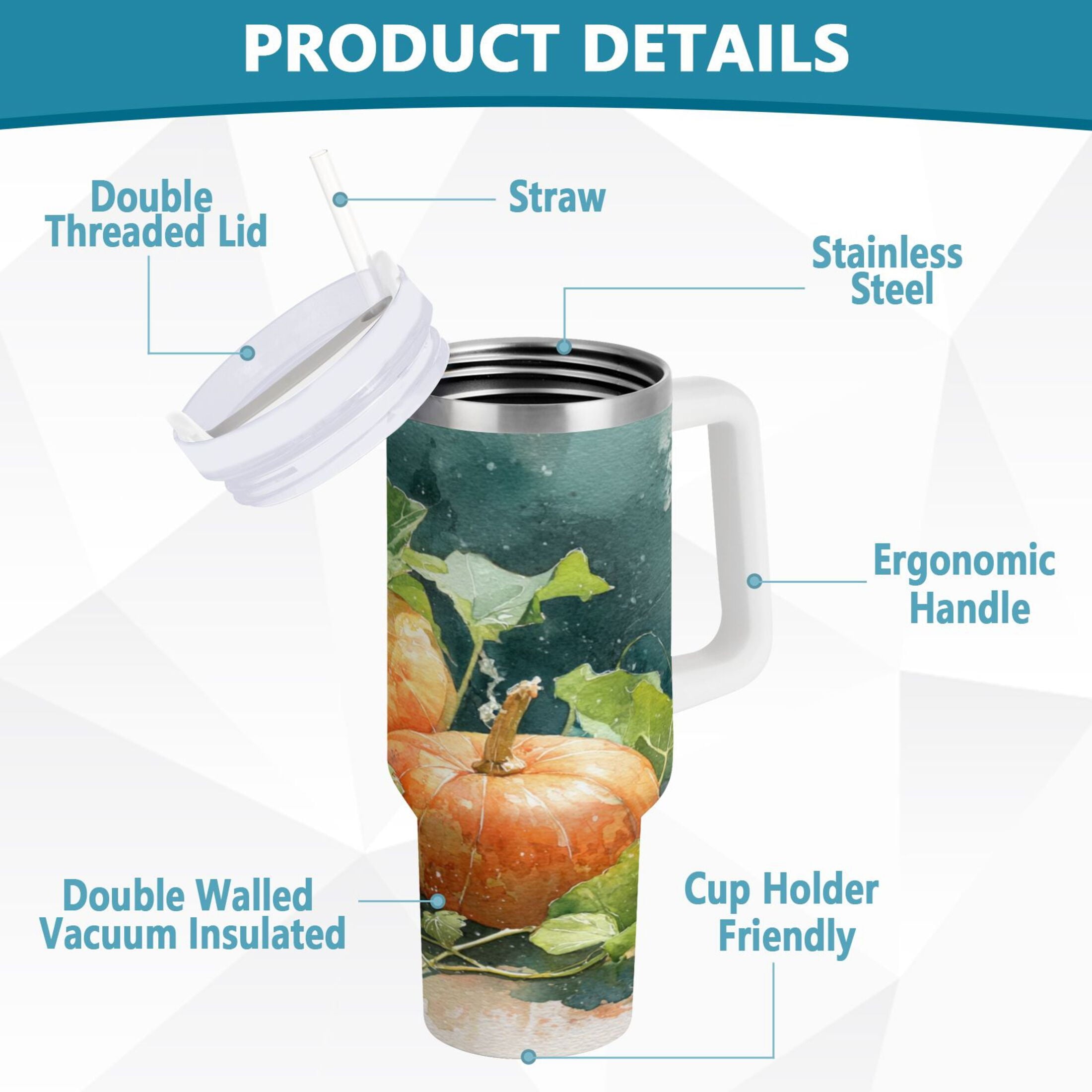 40 oz Insulated Stainless Steel Tumbler Double Wall Stainless Steel Tumbler with 2-Way Drinking Orange and White Pumpkins - Choice 692